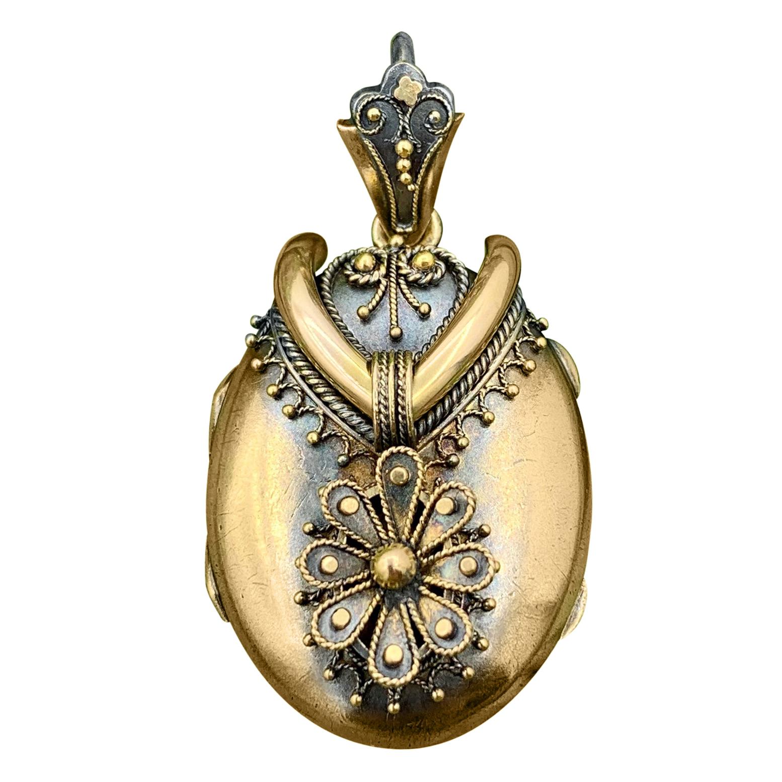 Antique Victorian Locket 14 Karat Gold Etruscan Revival Pendant Circa 1860 For Sale