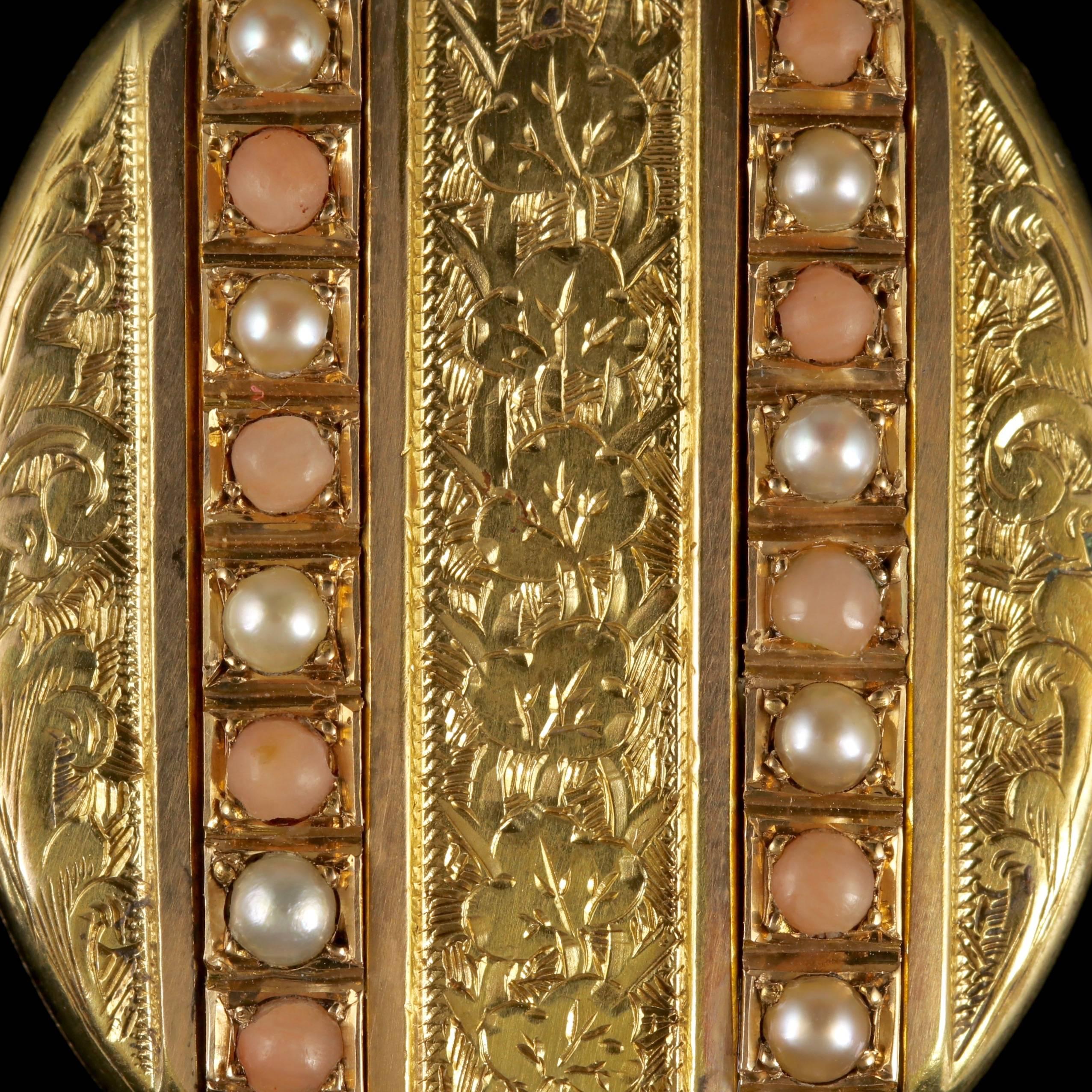To read more please click continue reading below-

This stunning antique Victorian locket is adorned with rows of Pearls and Coral stones, Circa 1870.

Pearls have been adored throughout history for their rich creamy tone that is lovely lustrous and
