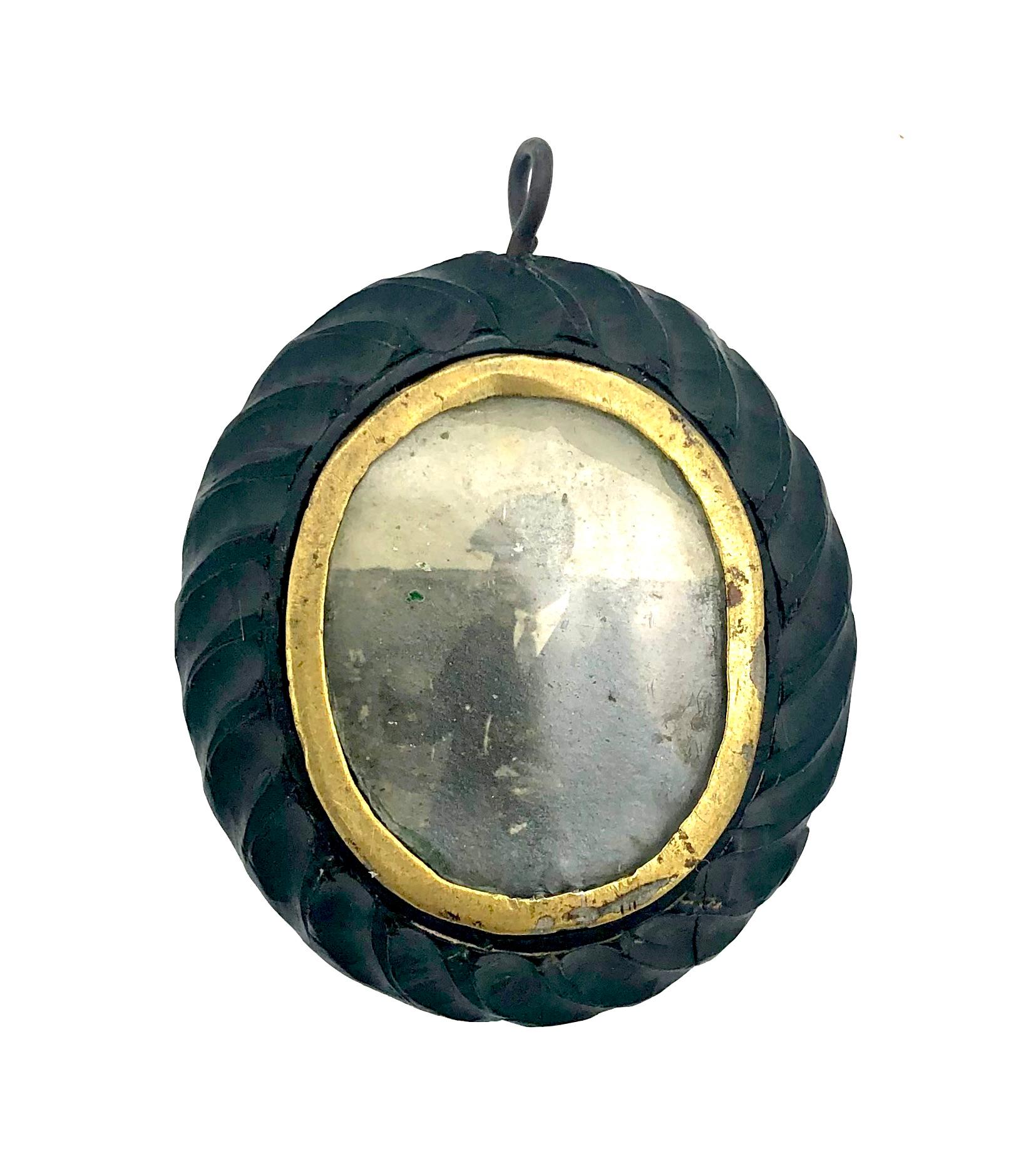 Women's Antique Victorian Locket Pendant Carved Bog Oak Fern Leaves Metal Glas For Sale