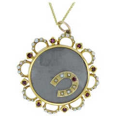 Antique Victorian Locket, Ruby and Pearl Surround, 15 Carat Gold, circa 1890