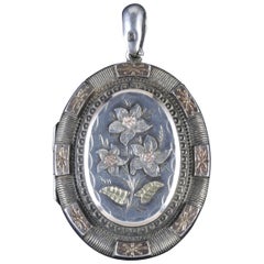 Antique Victorian Locket Silver Gold Forget Me Not, circa 1900