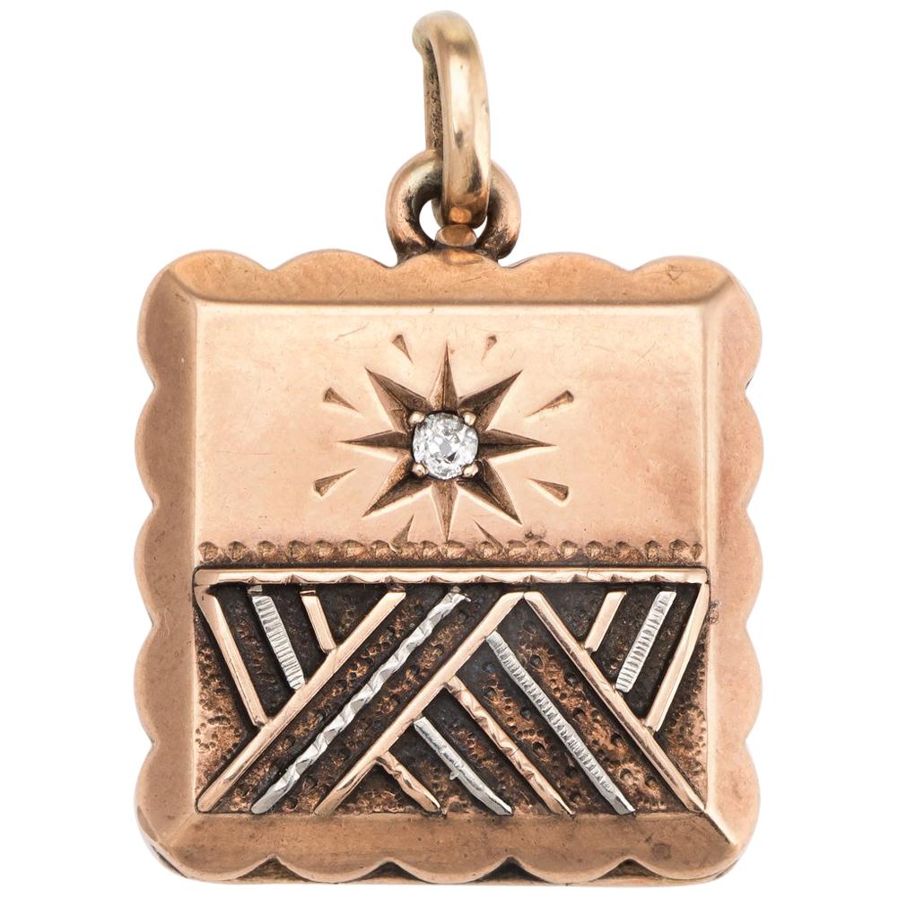 Antique Victorian Locket Square Diamond Vintage 10 Karat Gold Platinum Pendant