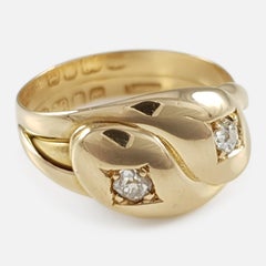 18 Karat Yellow Gold Diamond Double Snake Ring, 1896