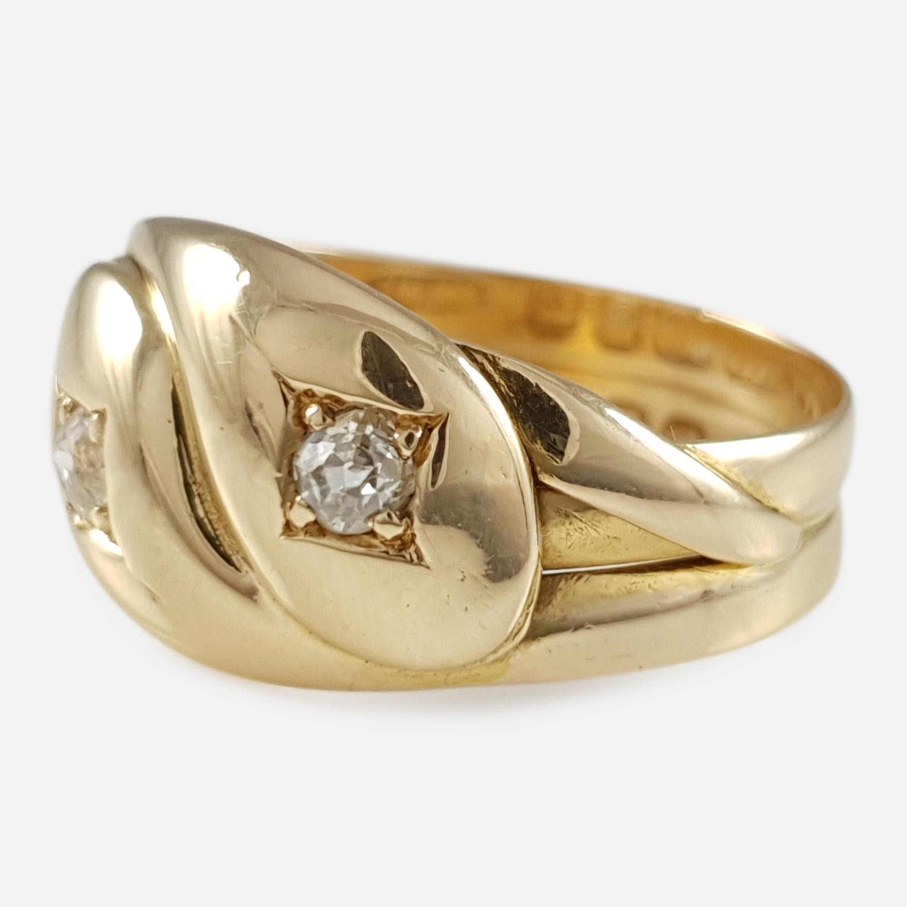 18 Karat Yellow Gold Diamond Double Snake Ring, 1896  1