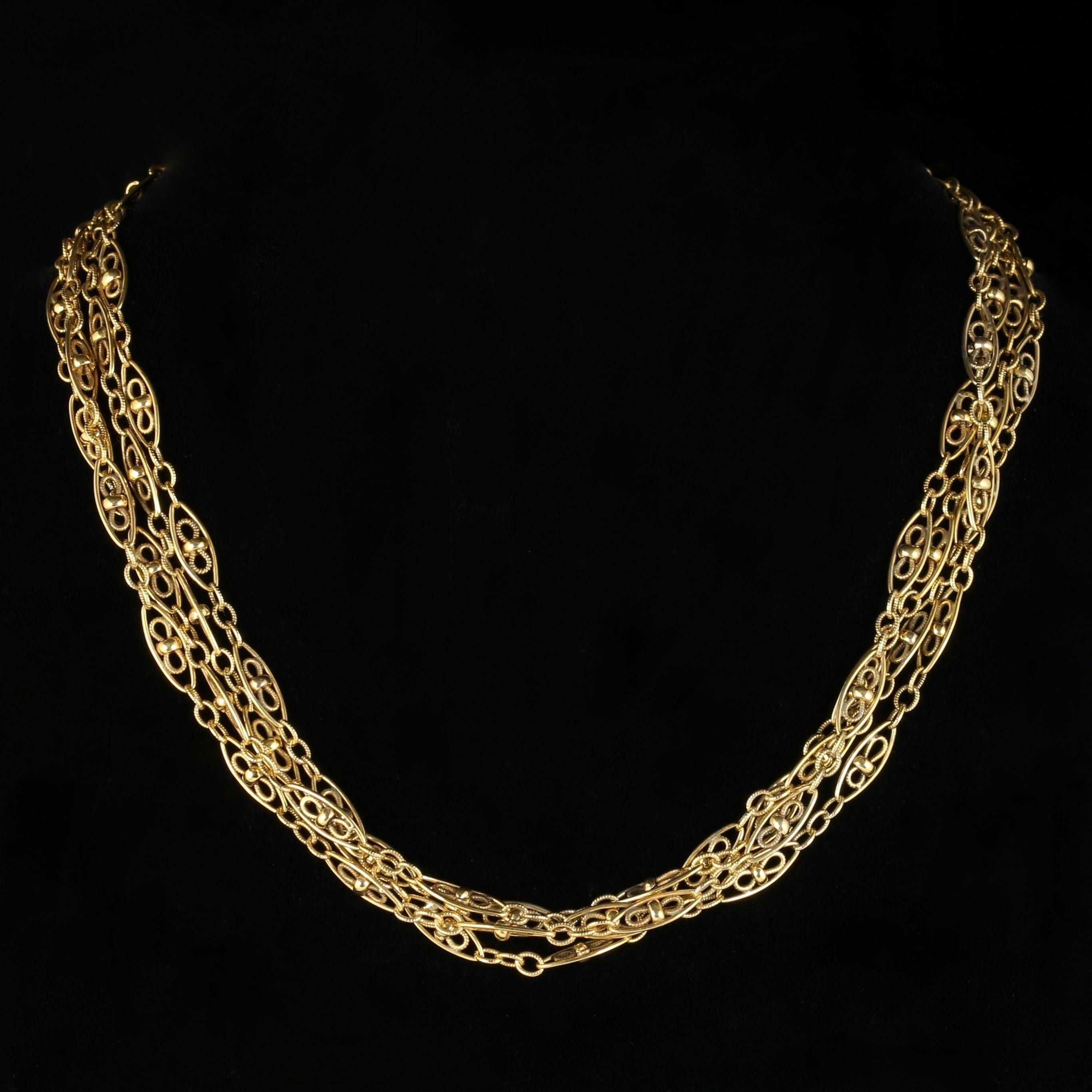 For more details please click continue reading down below...

This fabulous French antique Victorian long chain is set with lovely fancy panels and links. Circa 1900

Set in 18ct Yellow Gold on Silver.

The lovely long chain can be worn at least
