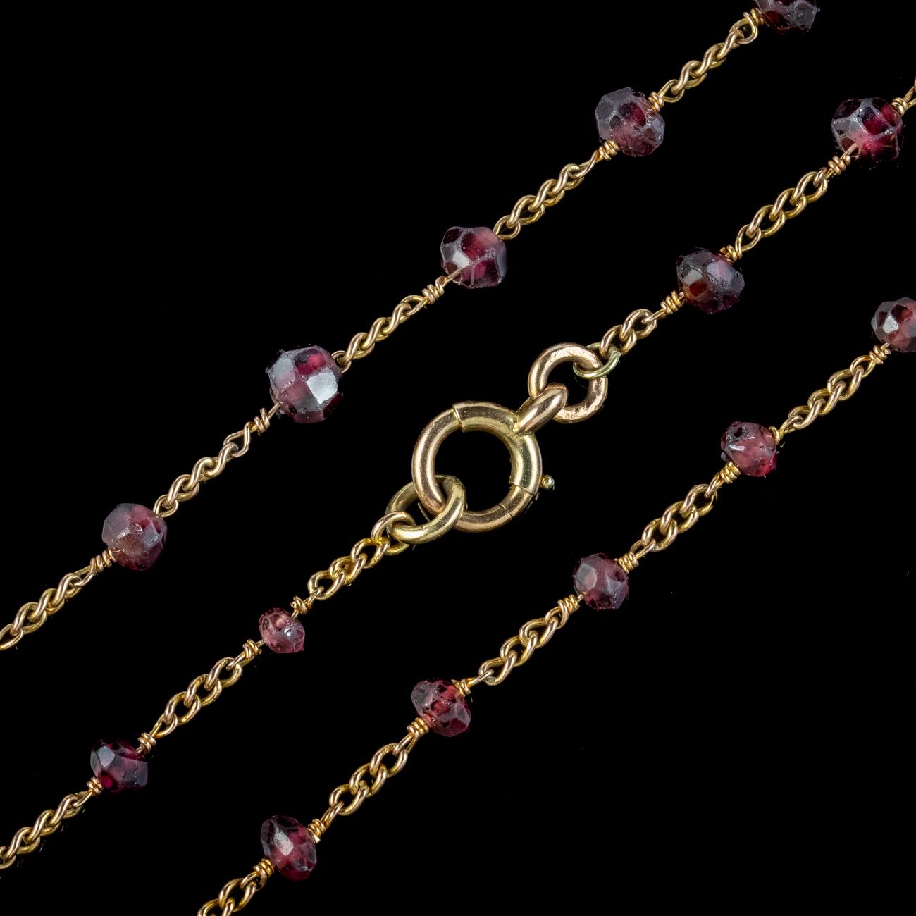 Women's Antique Victorian Long Garnet Guard Chain 9ct Gold