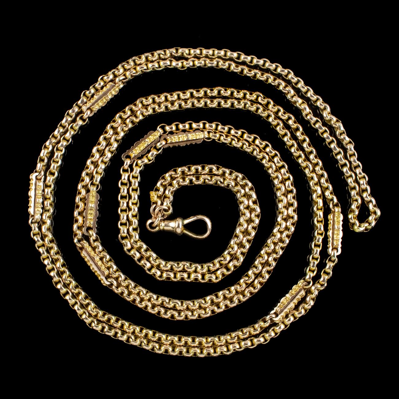 Victorien Chaîne de garde longue victorienne ancienne en or 9 carats en vente