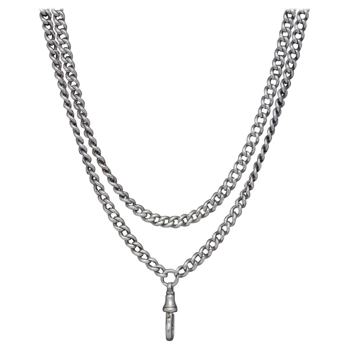 Antique Victorian Long Guard Chain Sterling Silver, circa 1880 For Sale
