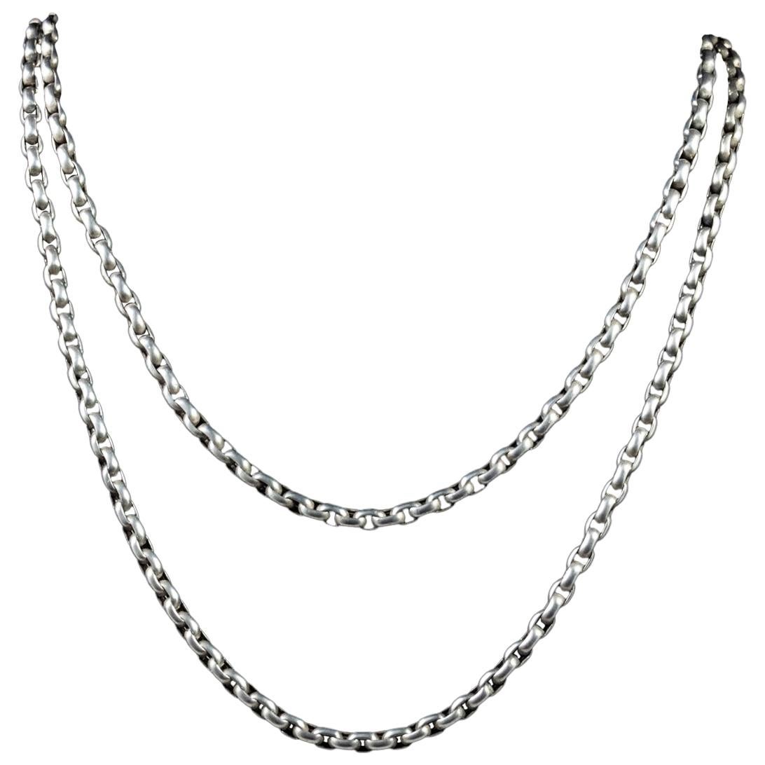 Antique Victorian Long Silver Guard Chain Belcher Necklace, circa 1900 For Sale