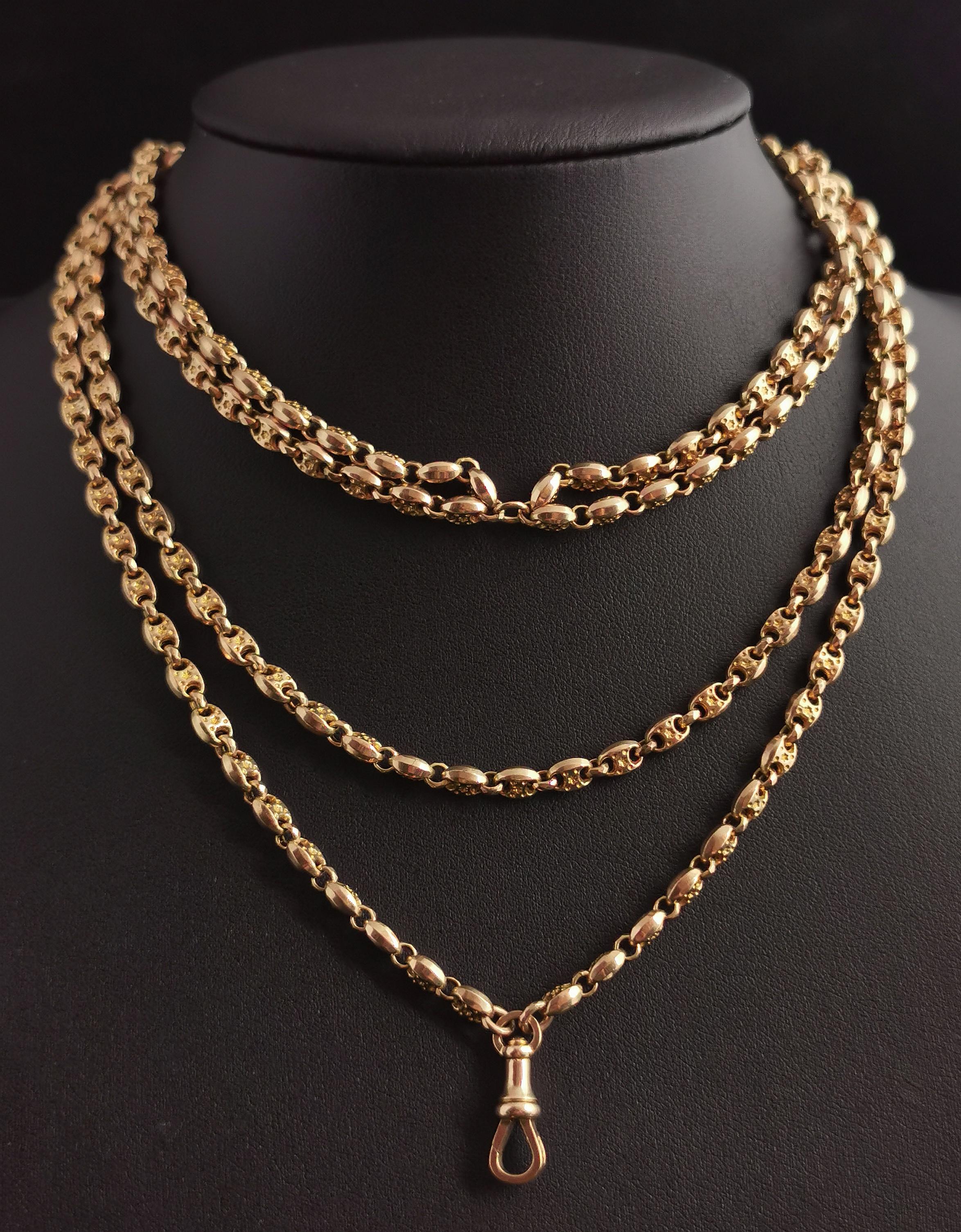 Antique Victorian Longuard Chain, 10k Gold, Muff Chain Necklace, Fancy Link For Sale 3