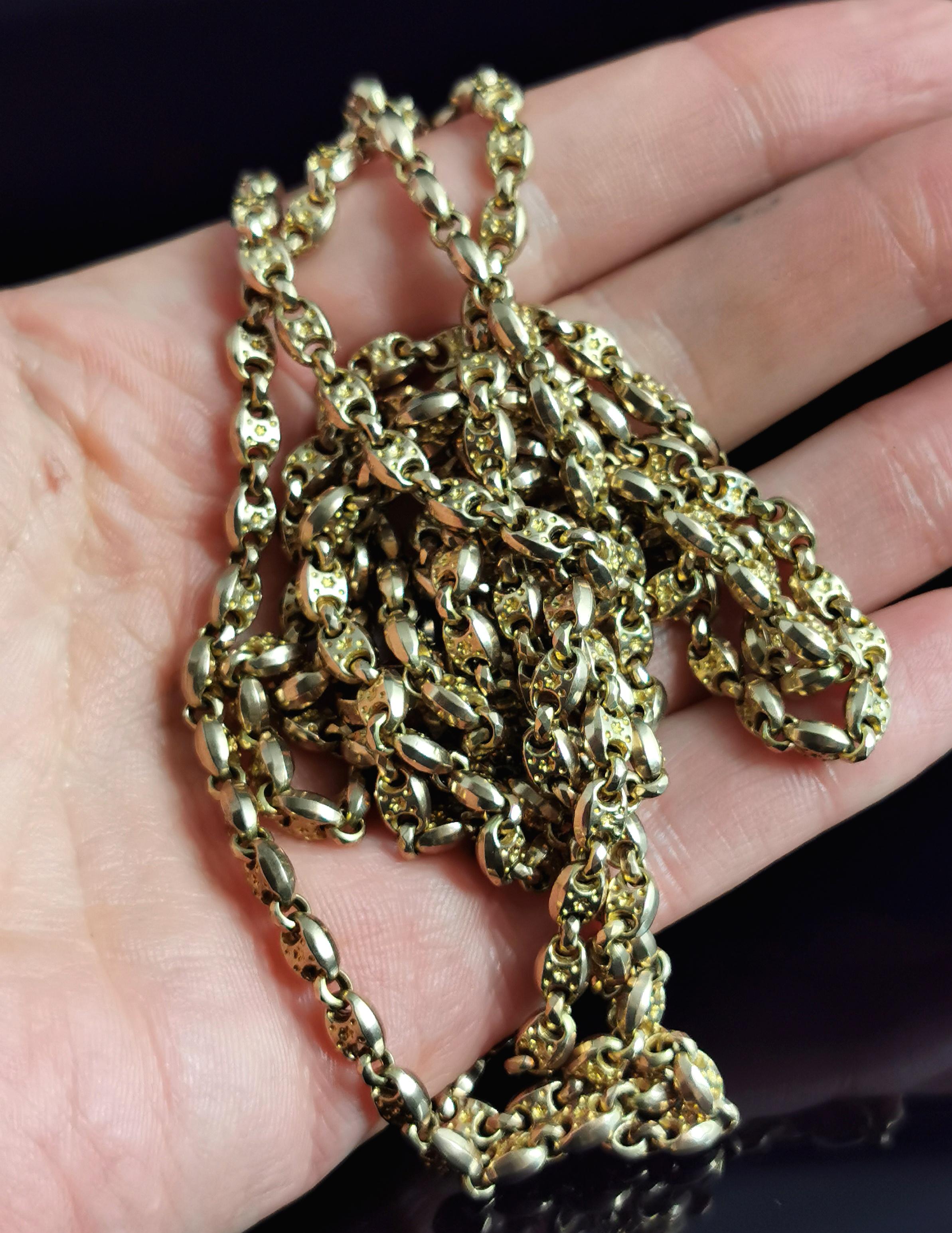 Antique Victorian Longuard Chain, 10k Gold, Muff Chain Necklace, Fancy Link For Sale 4