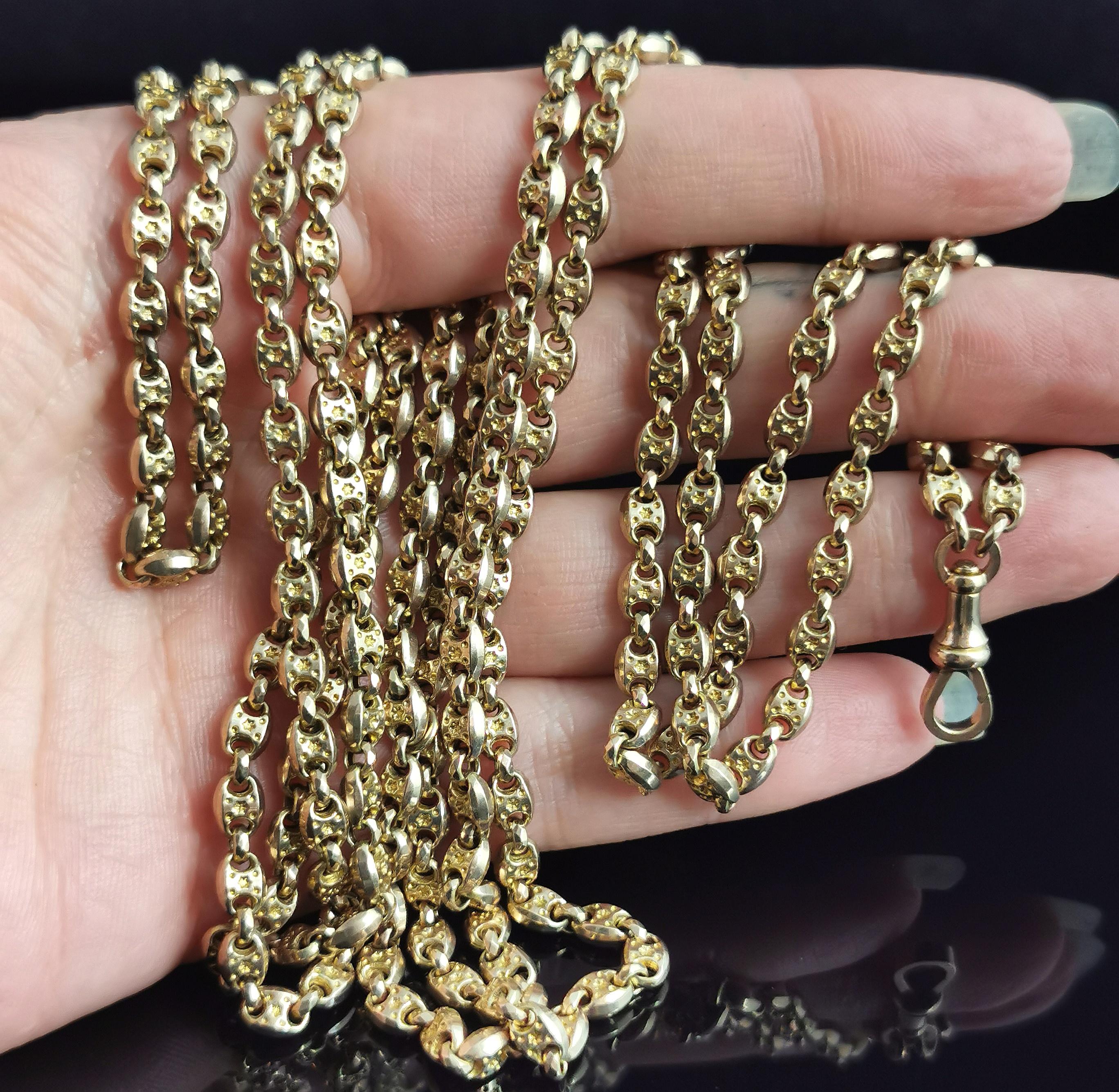 Antique Victorian Longuard Chain, 10k Gold, Muff Chain Necklace, Fancy Link For Sale 6