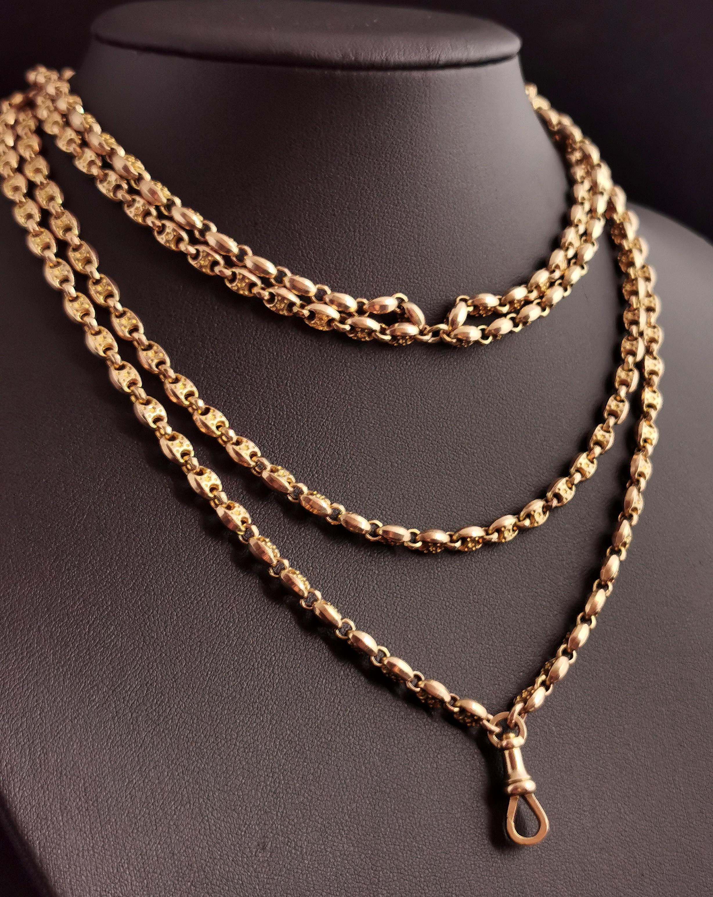 Antique Victorian Longuard Chain, 10k Gold, Muff Chain Necklace, Fancy Link In Good Condition For Sale In NEWARK, GB