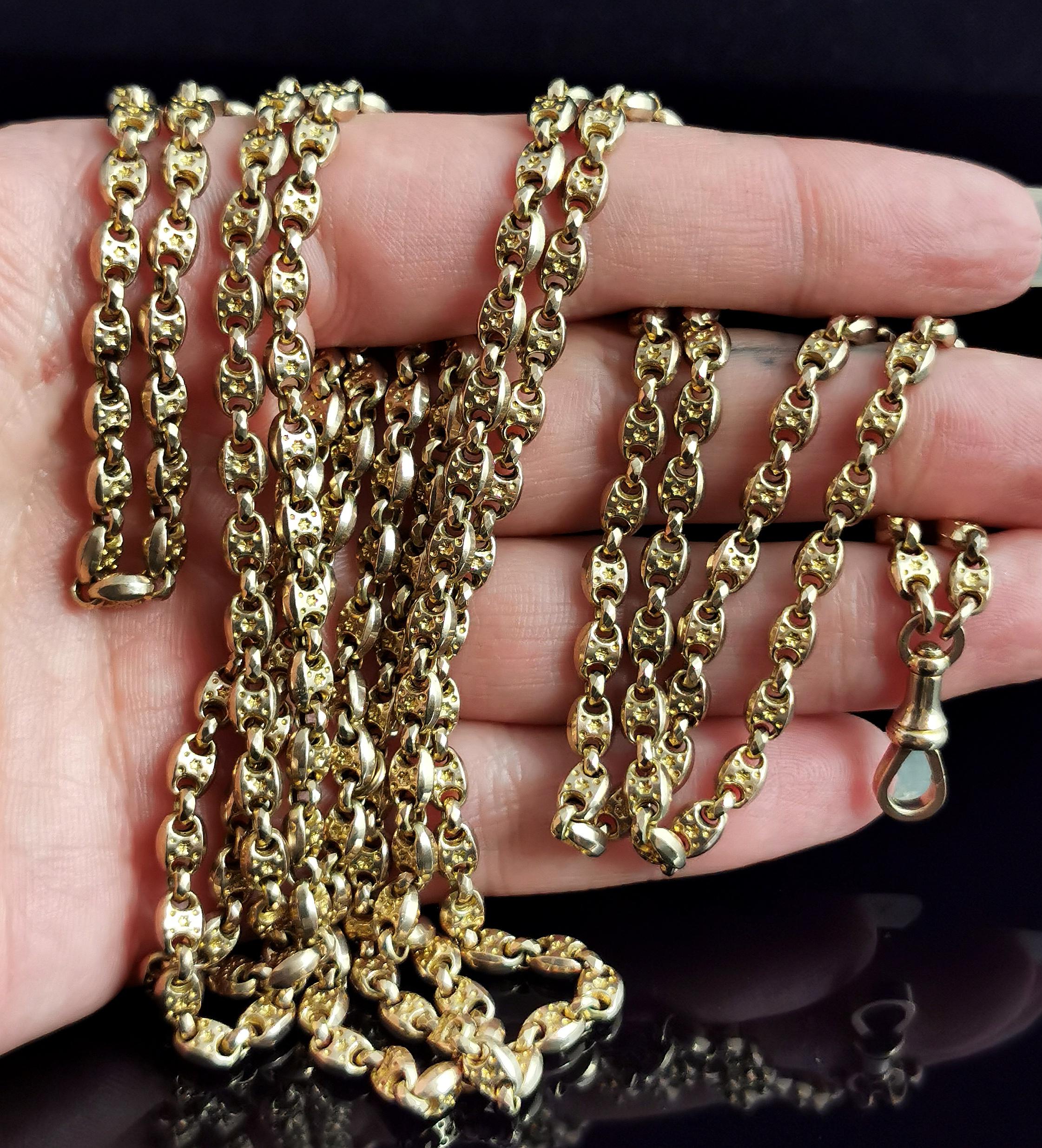 Women's or Men's Antique Victorian Longuard Chain, 10k Gold, Muff Chain Necklace, Fancy Link For Sale