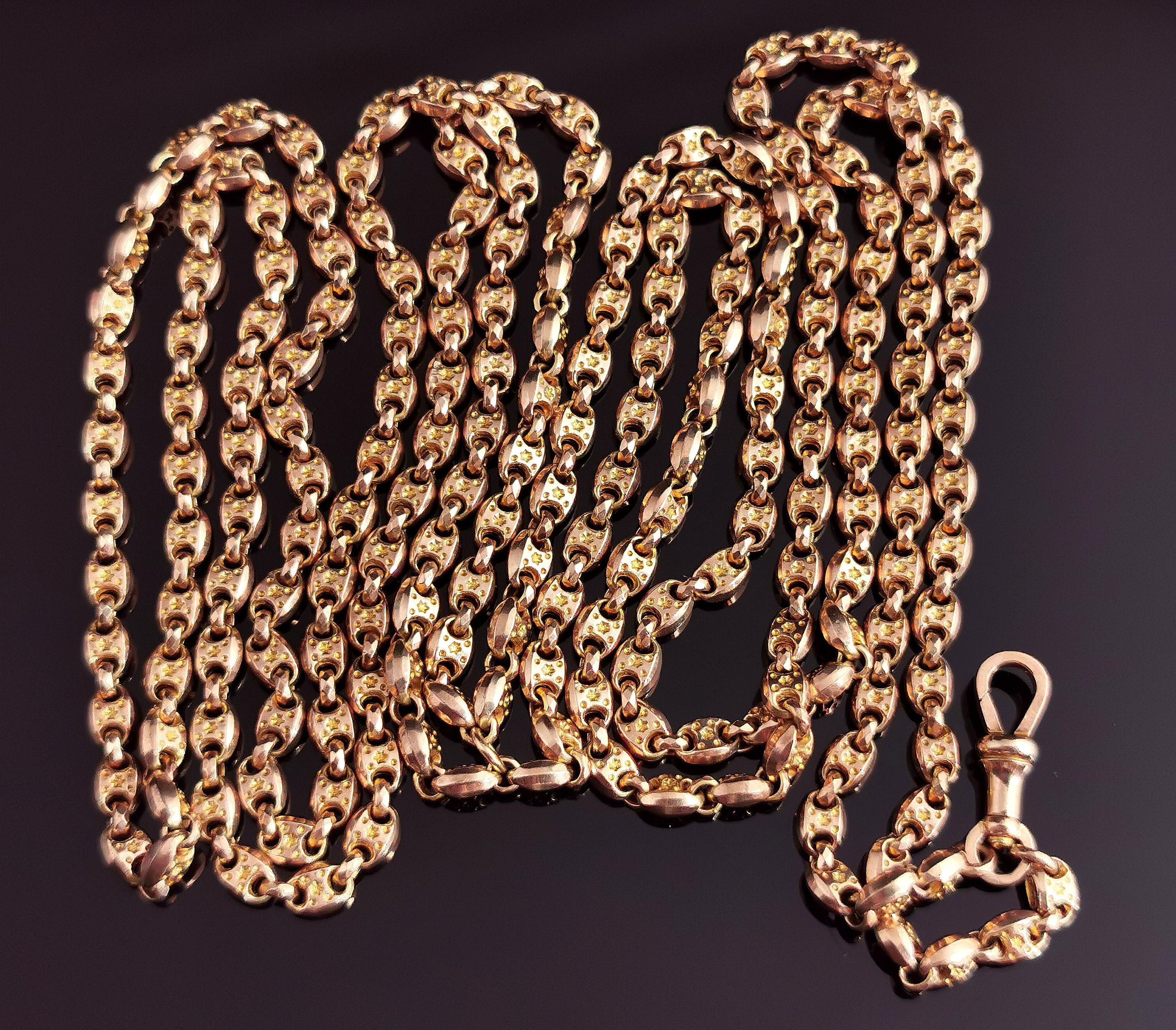Antique Victorian Longuard Chain, 10k Gold, Muff Chain Necklace, Fancy Link For Sale 1