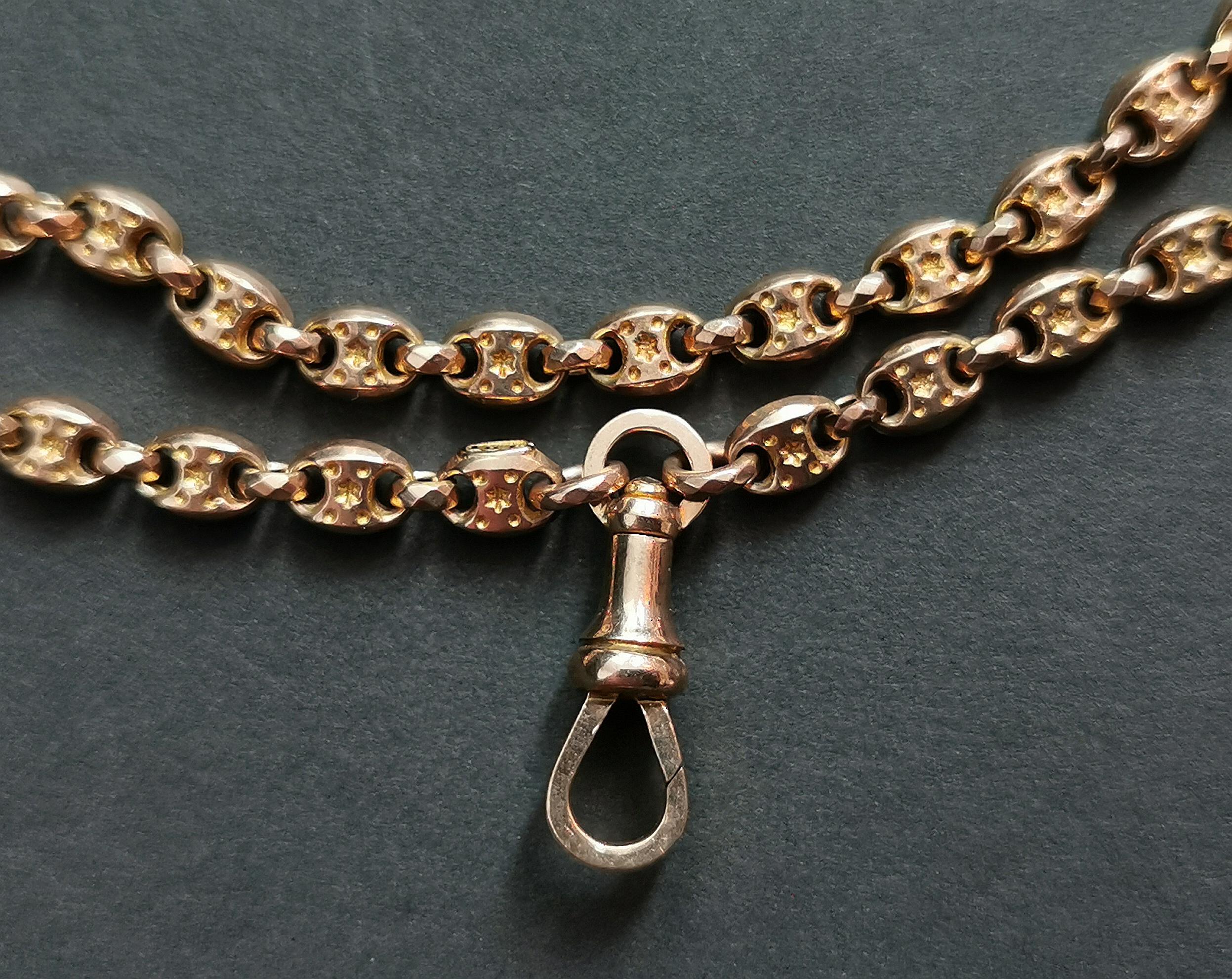 Antique Victorian Longuard Chain, 10k Gold, Muff Chain Necklace, Fancy Link For Sale 2
