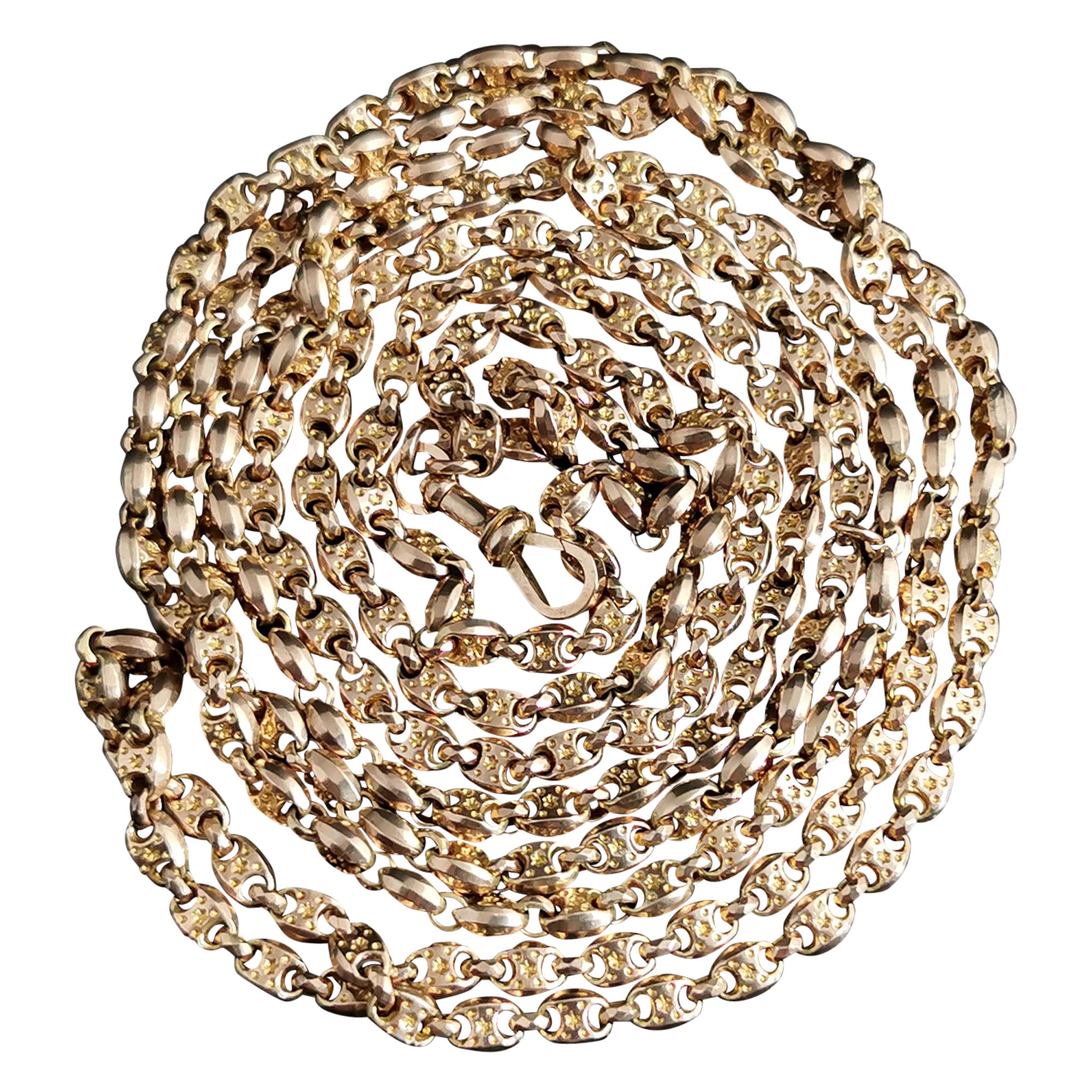 Antigua Cadena Victoriana Longuard, Oro 10k, Collar Cadena Muff, Fancy Link