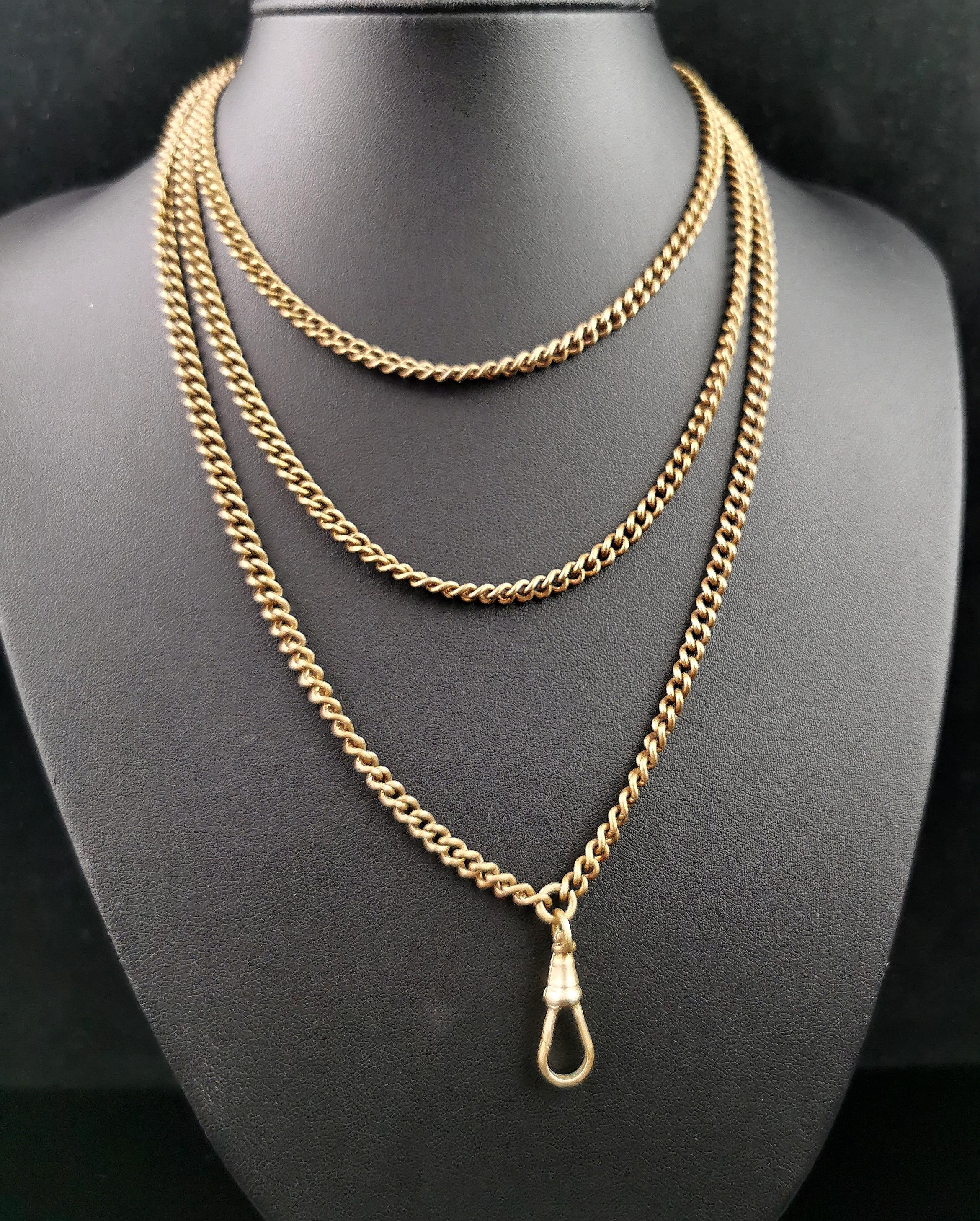 Antique Victorian longuard chain necklace, Gold plated, Curb link  9
