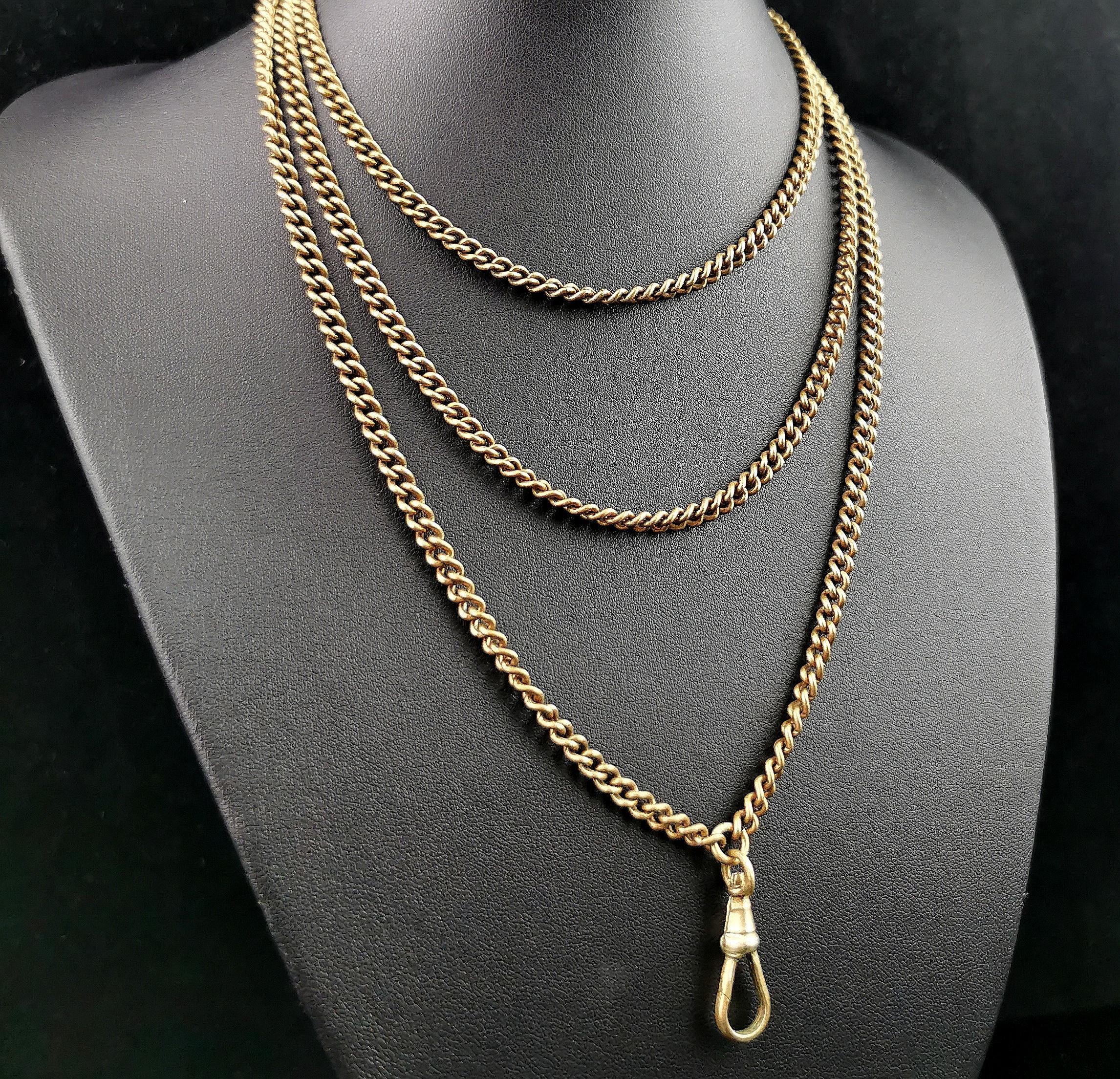 Antique Victorian longuard chain necklace, Gold plated, Curb link  10