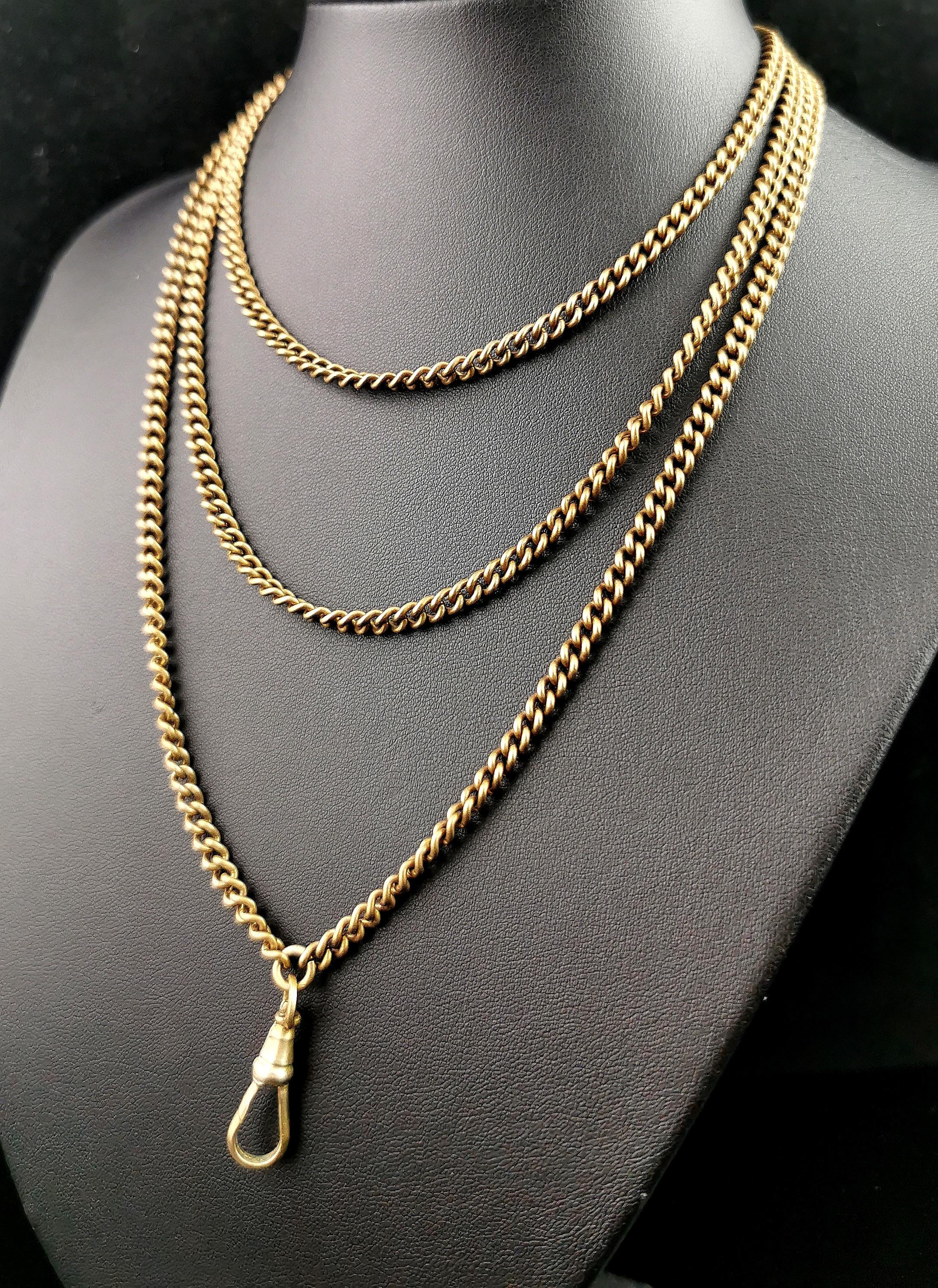 Antique Victorian longuard chain necklace, Gold plated, Curb link  11