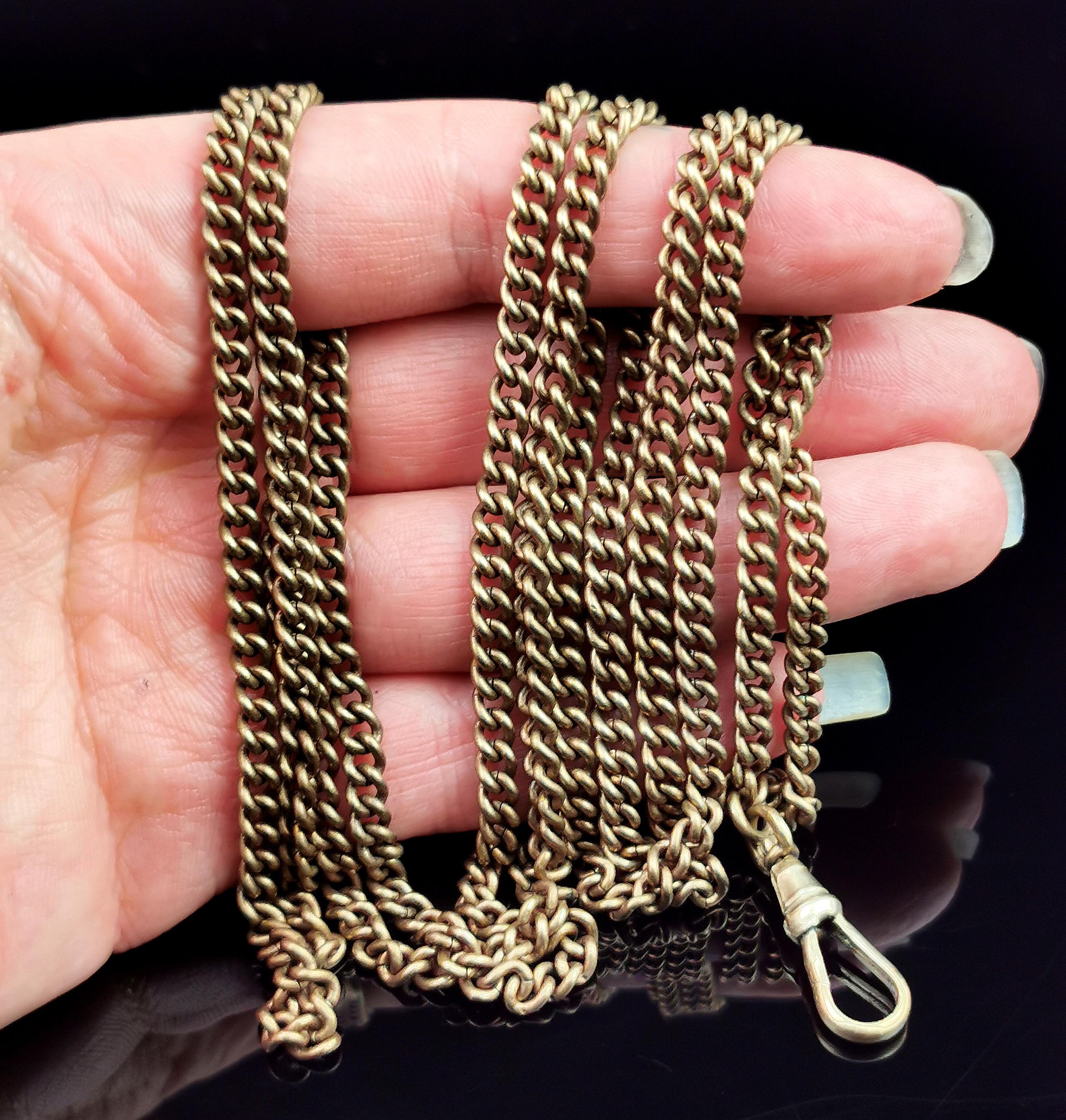 Women's Antique Victorian longuard chain necklace, Gold plated, Curb link 