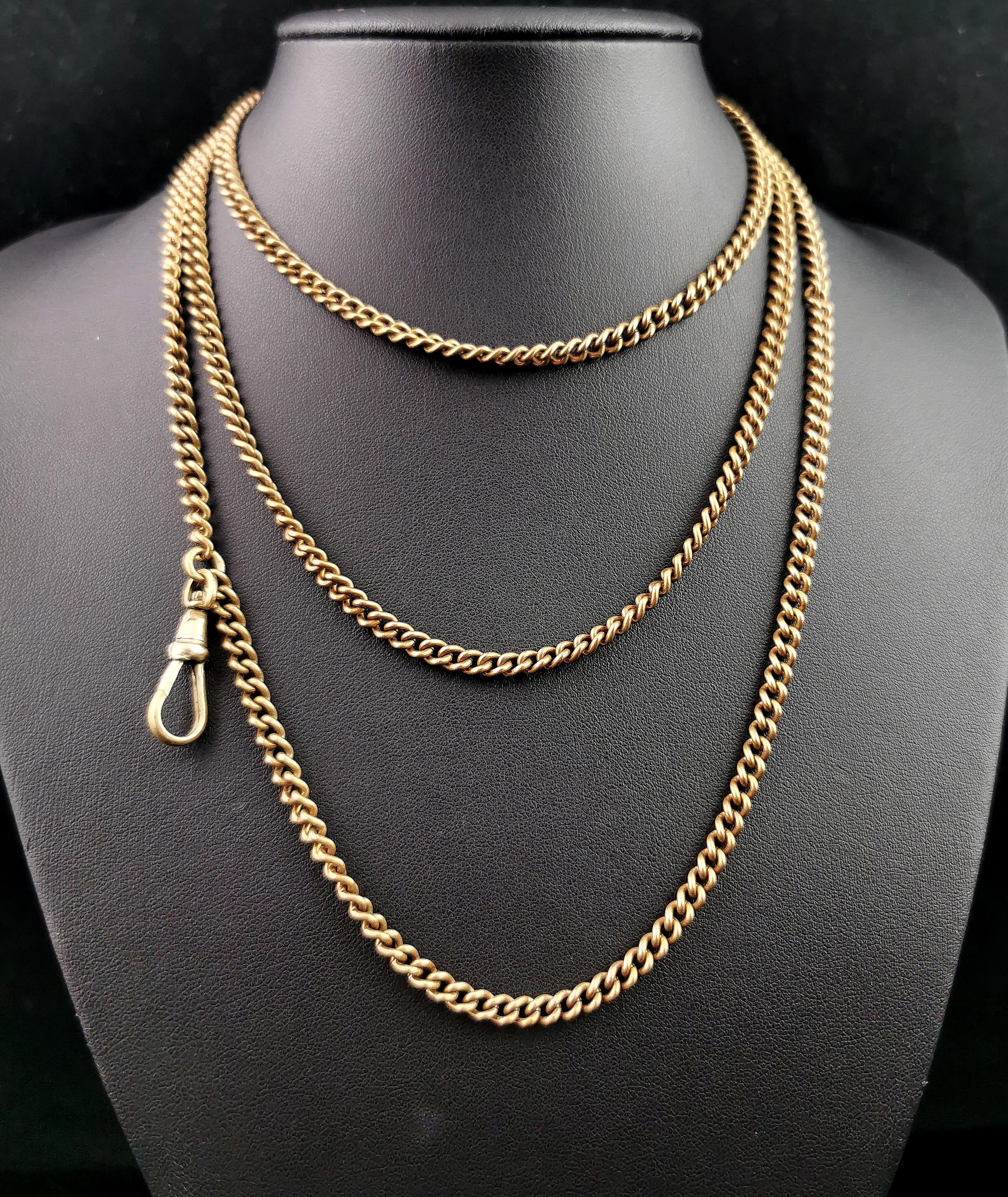 Antique Victorian longuard chain necklace, Gold plated, Curb link  2