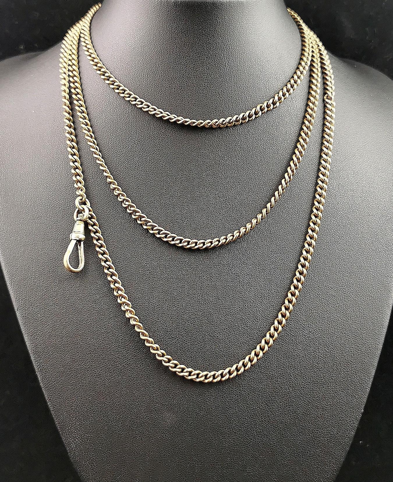 Antique Victorian longuard chain necklace, Gold plated, Curb link  3