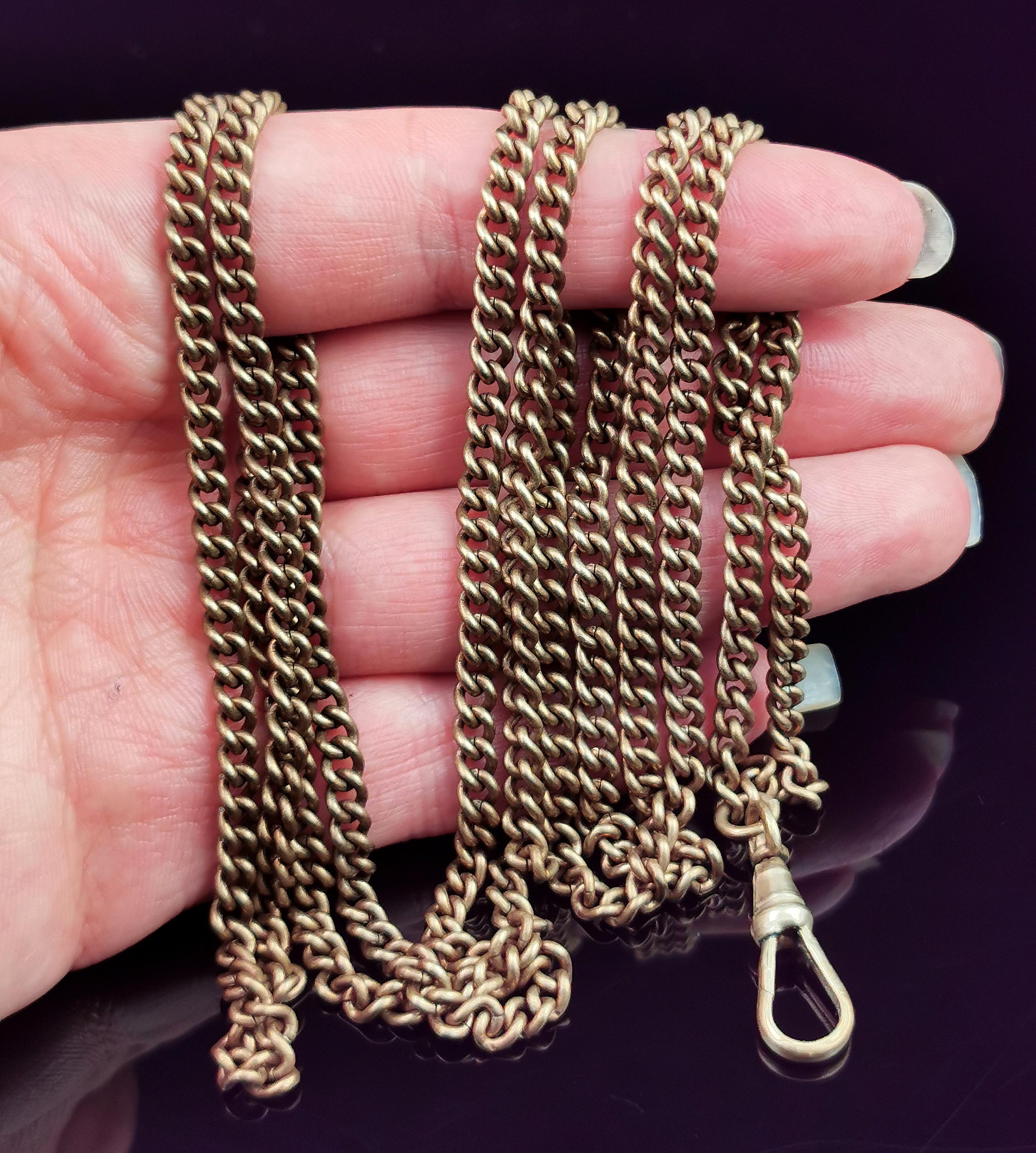 Antique Victorian longuard chain necklace, Gold plated, Curb link  5