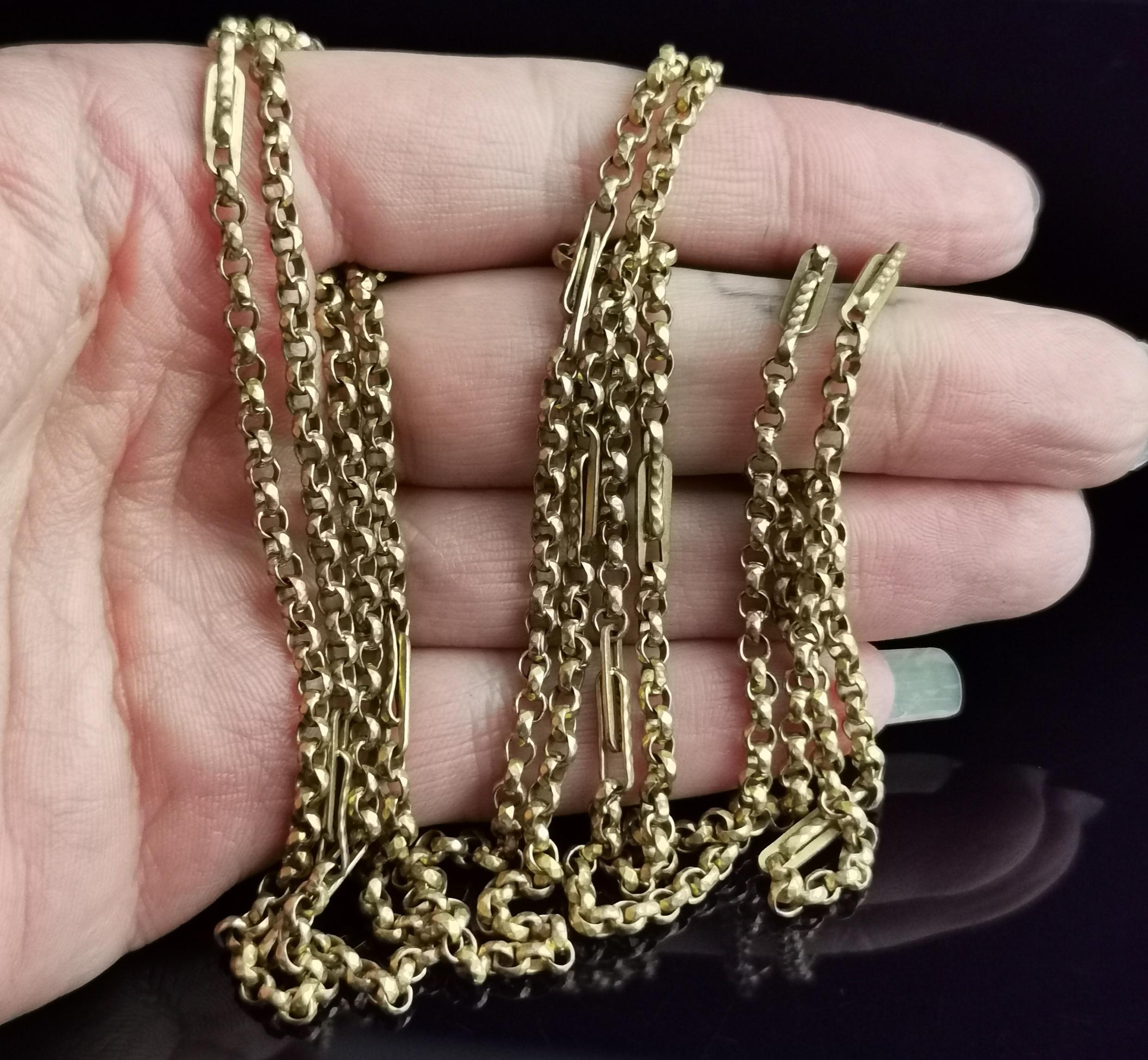 Antique Victorian Longuard Chain Necklace, Muff Chain, Gold Plated, Fancy Link In Fair Condition In NEWARK, GB