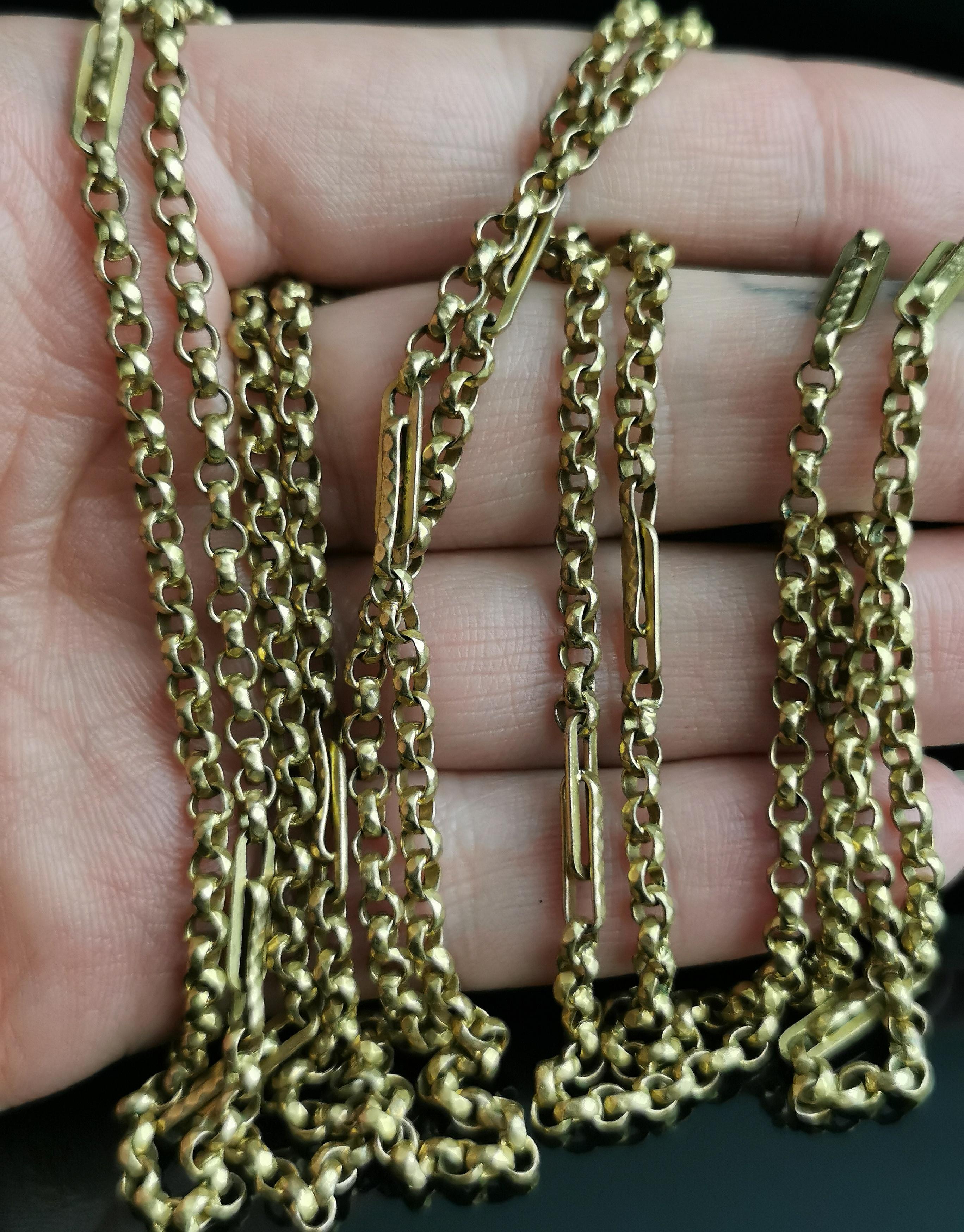 Antique Victorian Longuard Chain Necklace, Muff Chain, Gold Plated, Fancy Link 1