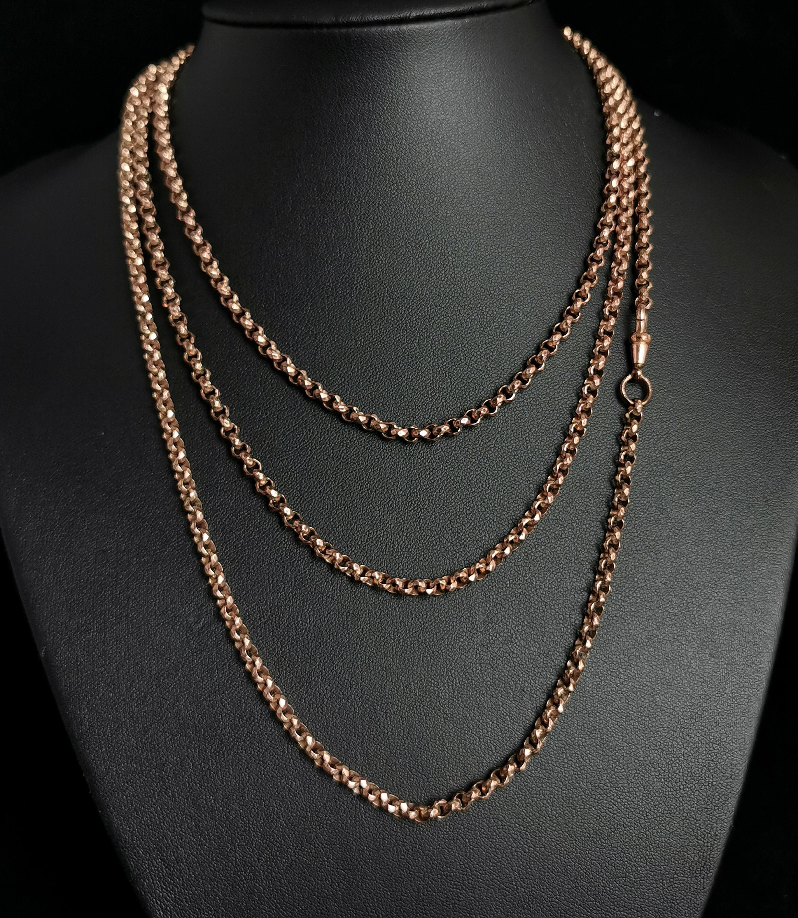 Antique Victorian Longuard Chain Necklace, Muff Chain, Rose Gold Plated In Fair Condition In NEWARK, GB