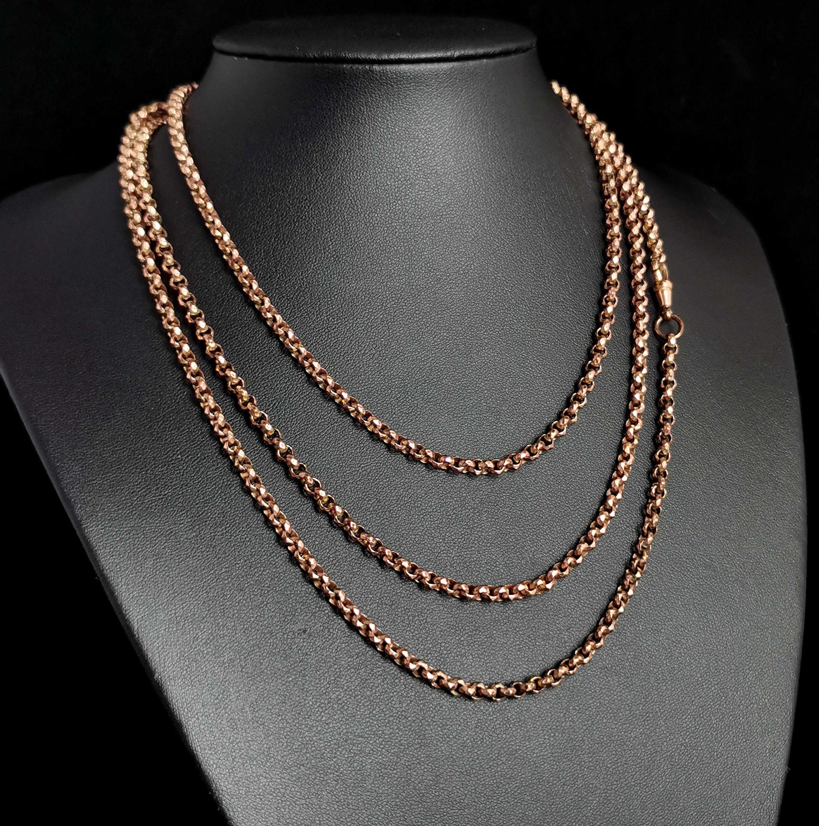 Antique Victorian Longuard Chain Necklace, Muff Chain, Rose Gold Plated 1