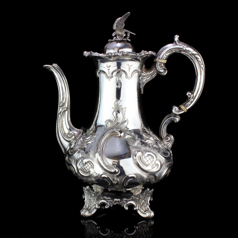 Louis XIII Antique Victorian Louis Style Sterling Silver Coffee / Tea Pot, London, 1858 For Sale