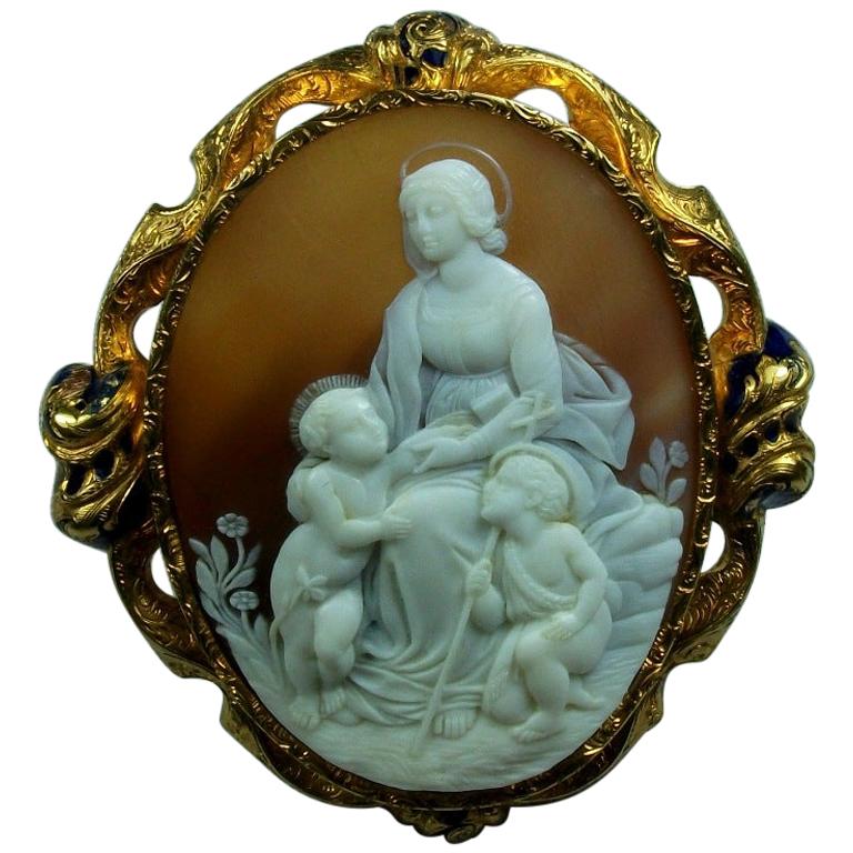 Antique Victorian Madonna and Child after Raphael Shell Cameo Brooch