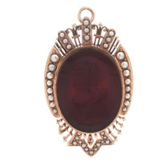 Antique Victorian Magnificent Gold Cameo Hardstone 
Seed Pearl Pendant Brooch