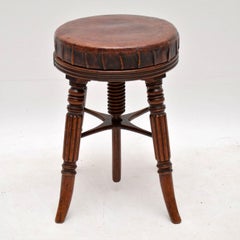 Antique Victorian Mahogany and Leather Adjustable Piano Stool