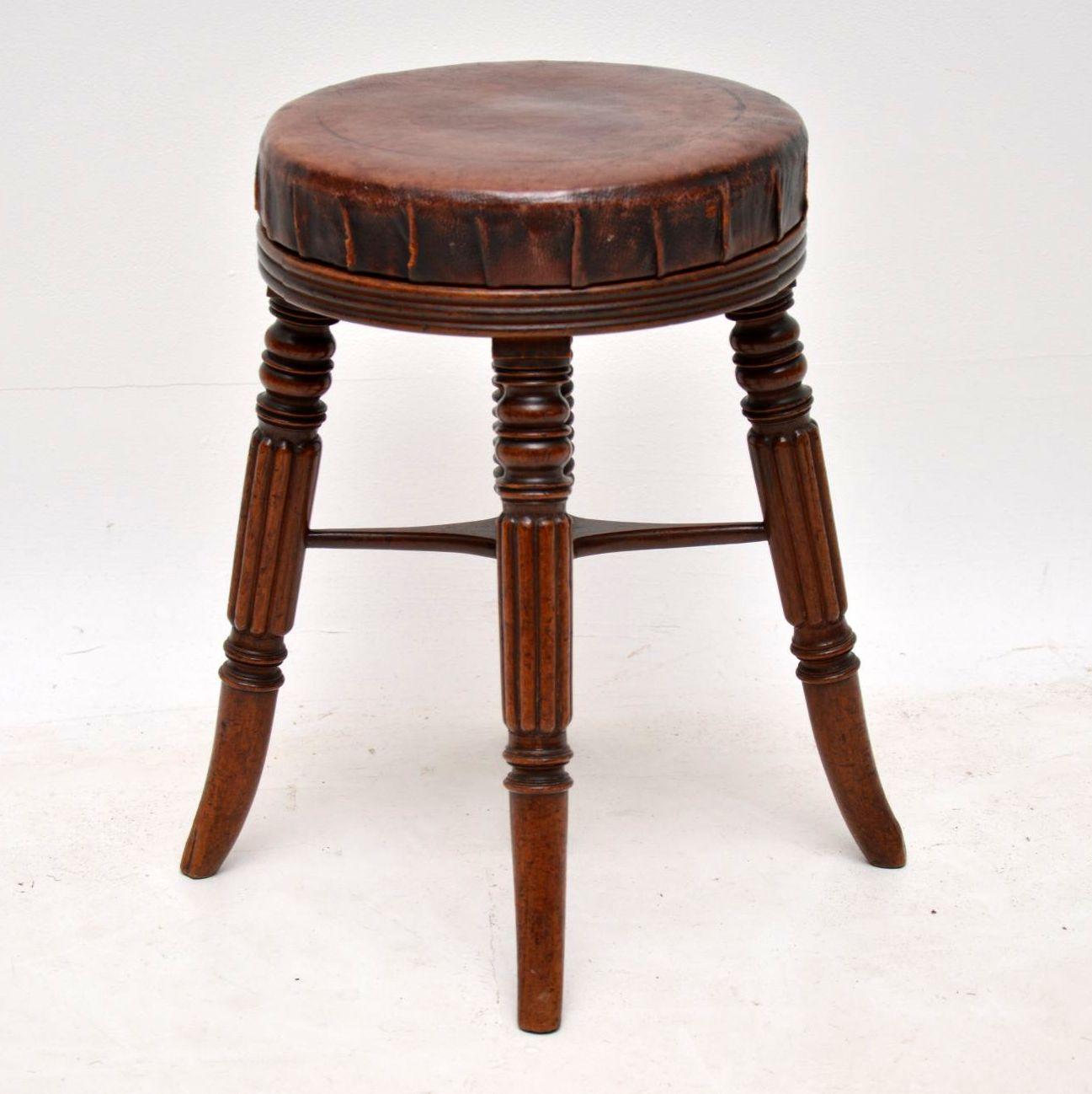 English Antique Victorian Mahogany and Leather Adjustable Piano Stool