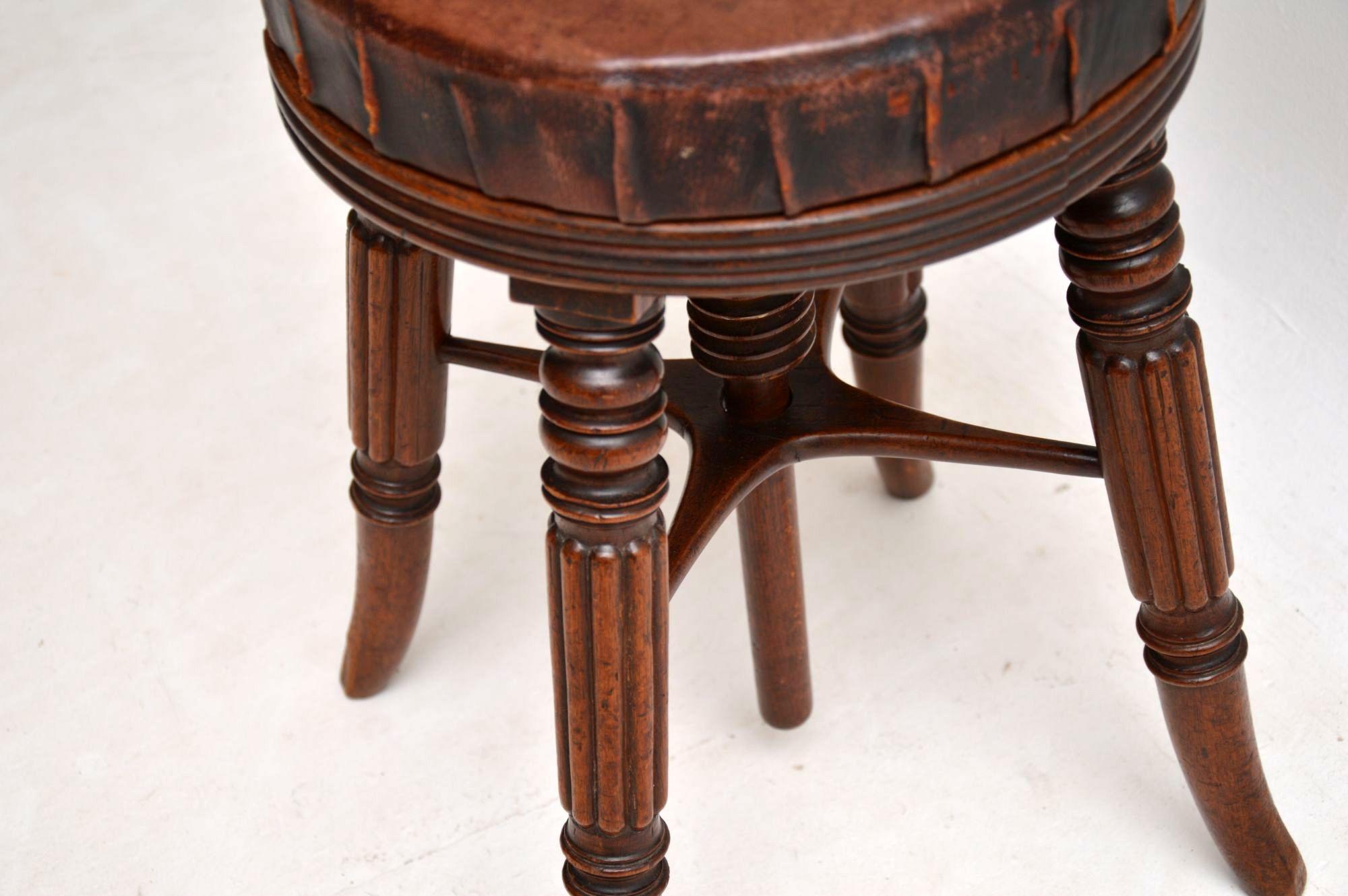 Mid-19th Century Antique Victorian Mahogany and Leather Adjustable Piano Stool