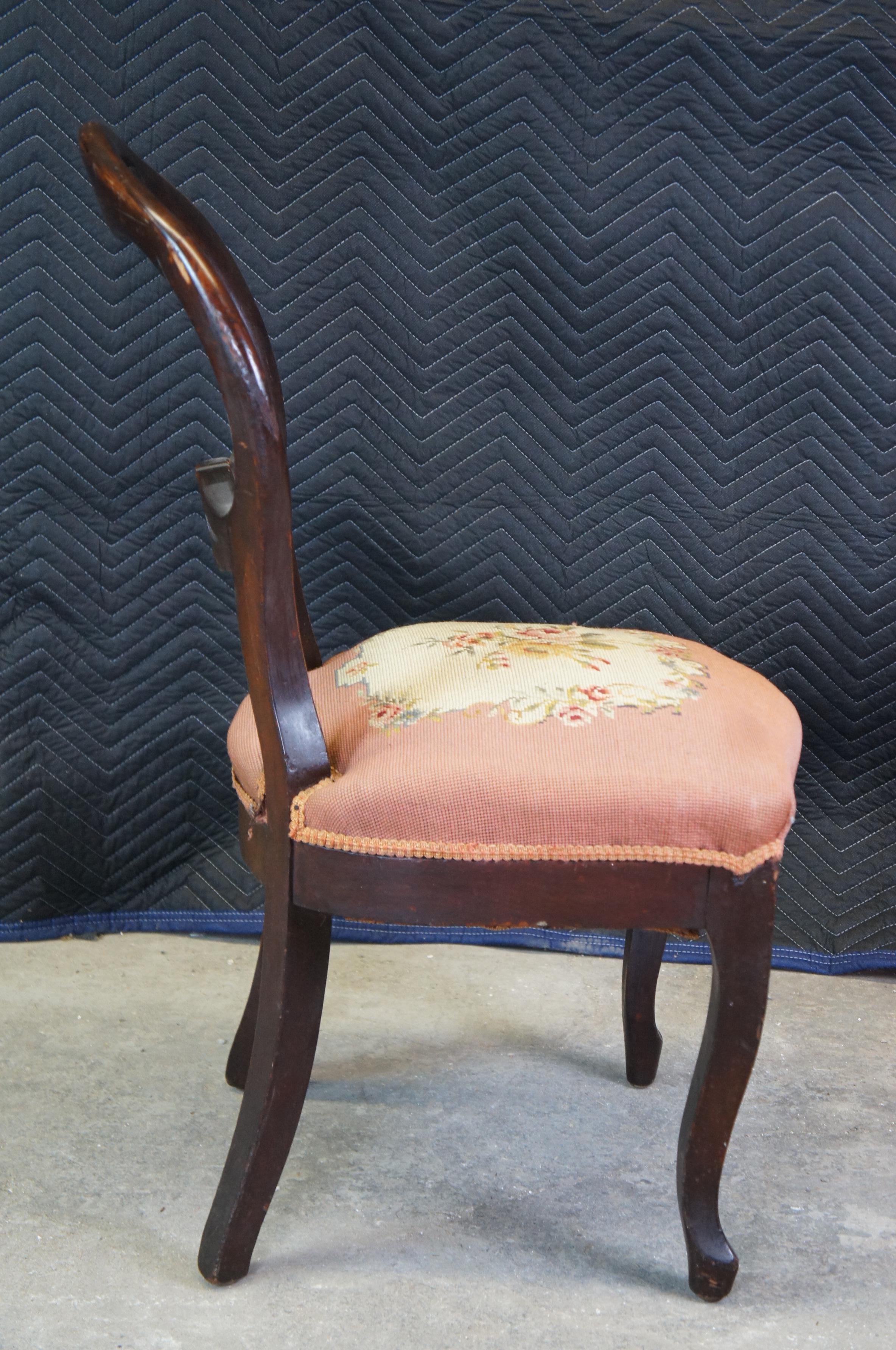 Fabric Antique Victorian Mahogany Balloon Back Floral Needlepoint Dining Side Chair For Sale