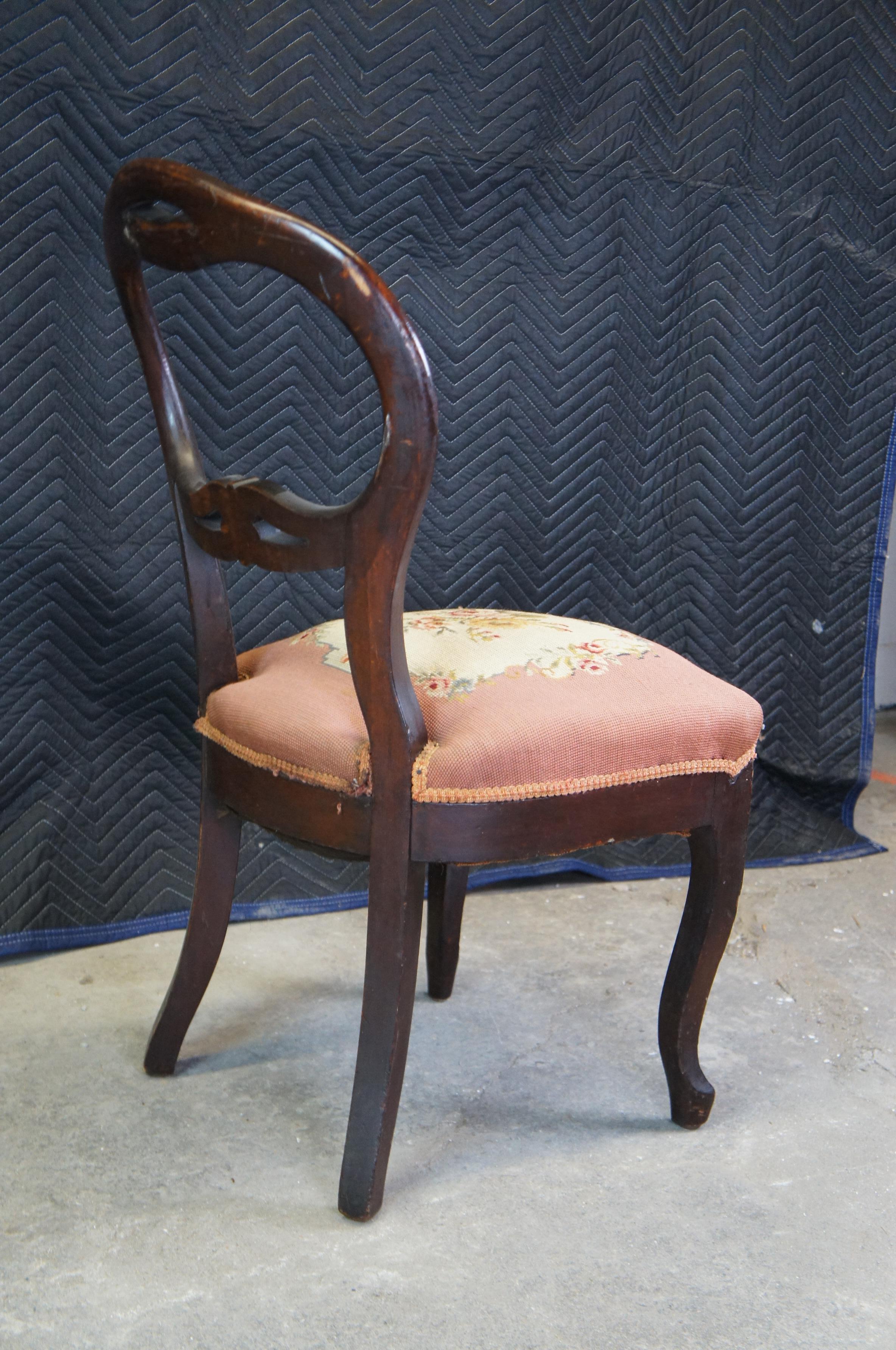 Antique Victorian Mahogany Balloon Back Floral Needlepoint Dining Side Chair For Sale 1