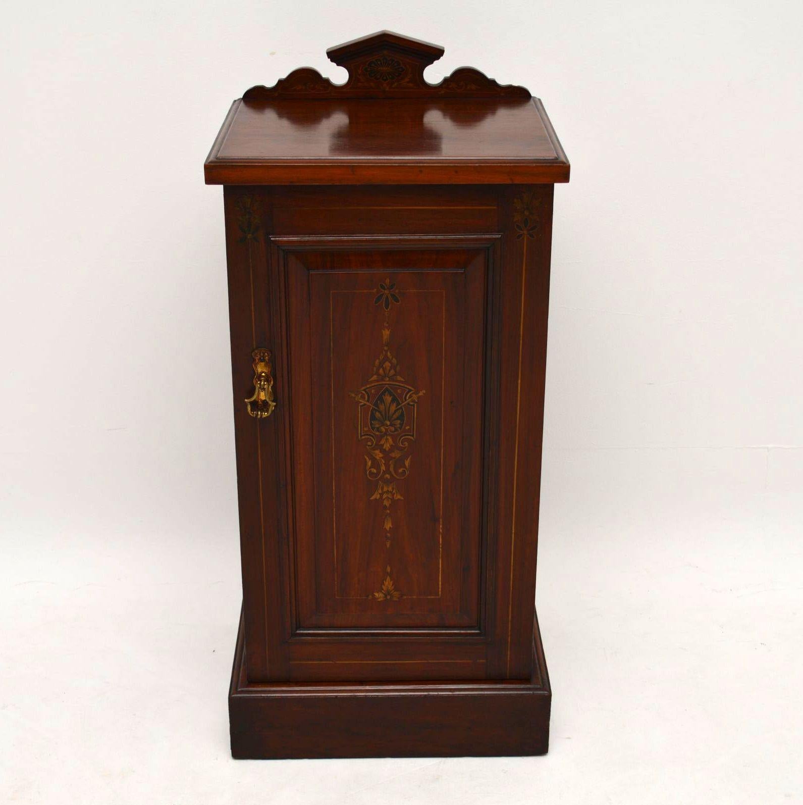 Fine quality antique Victorian mahogany bedside cabinet with decorative paintwork. The wood has a very rich grain & looks like rosewood, but I'm fairly sure it's mahogany. It has the original gallery on the top, the original brass handle & sits on a