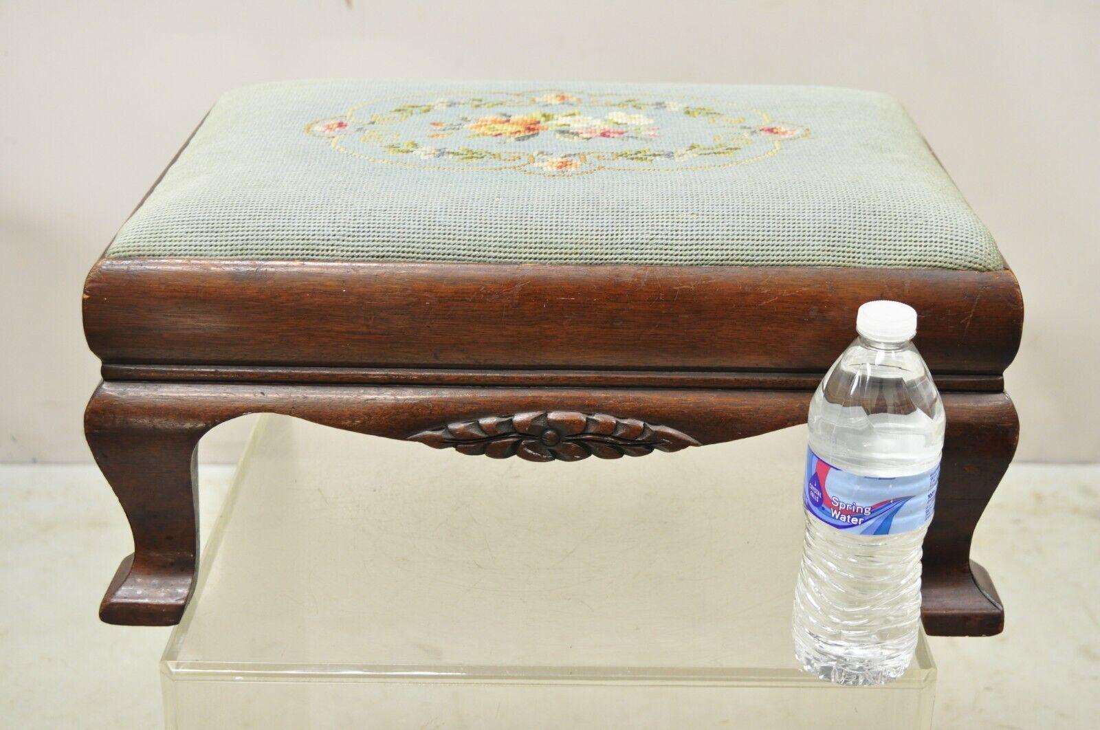 Antique Victorian Mahogany Blue Floral Needlepoint Footstool Ottoman 4
