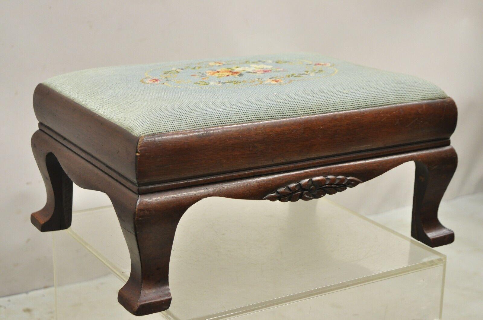 Antique Victorian Mahogany Blue Floral Needlepoint Footstool Ottoman. Measurements: 9