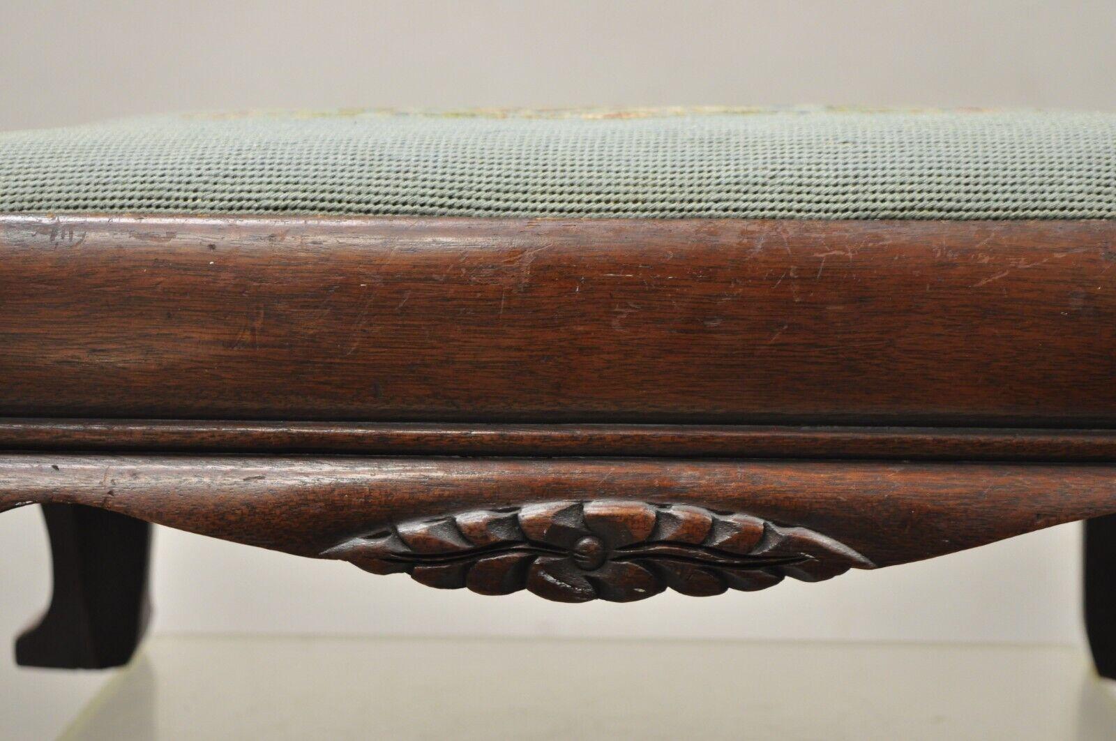 Antique Victorian Mahogany Blue Floral Needlepoint Footstool Ottoman In Good Condition In Philadelphia, PA