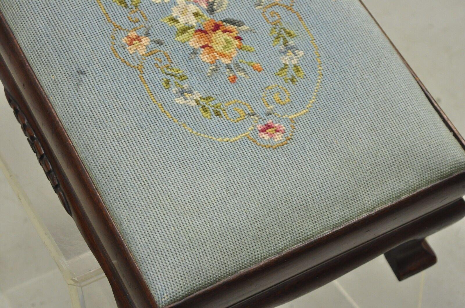 20th Century Antique Victorian Mahogany Blue Floral Needlepoint Footstool Ottoman