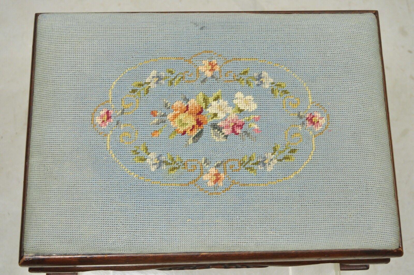 Antique Victorian Mahogany Blue Floral Needlepoint Footstool Ottoman 3