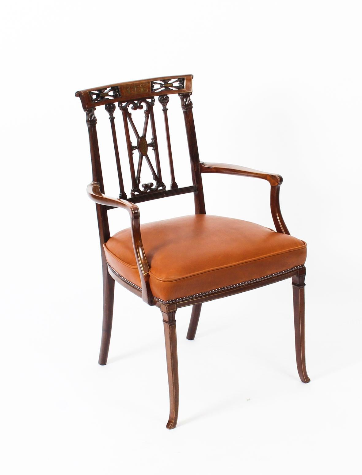 Antique Victorian Mahogany and Brass Inlaid Armchair, 19th Century 7
