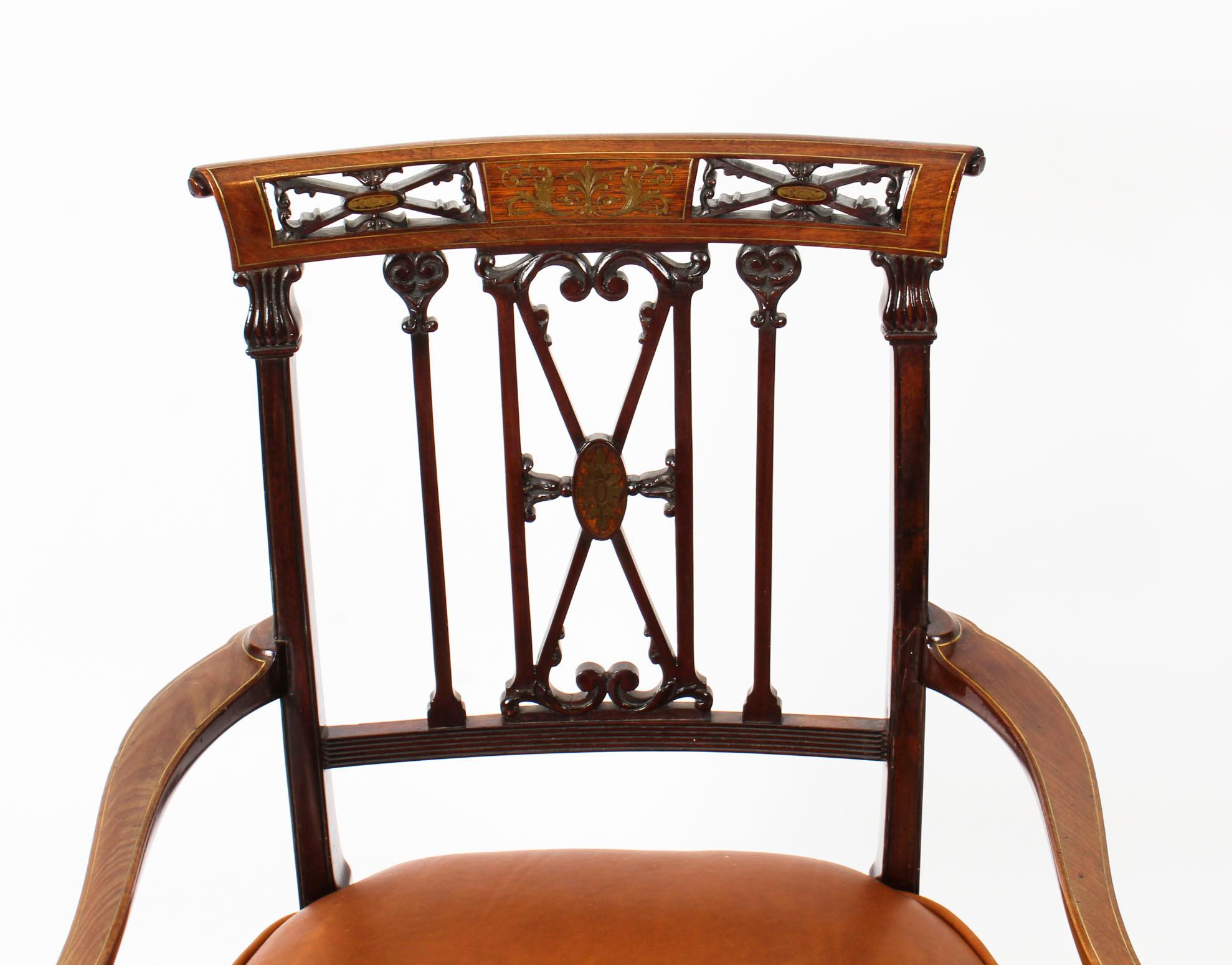 Antique Victorian Mahogany and Brass Inlaid Armchair, 19th Century 2
