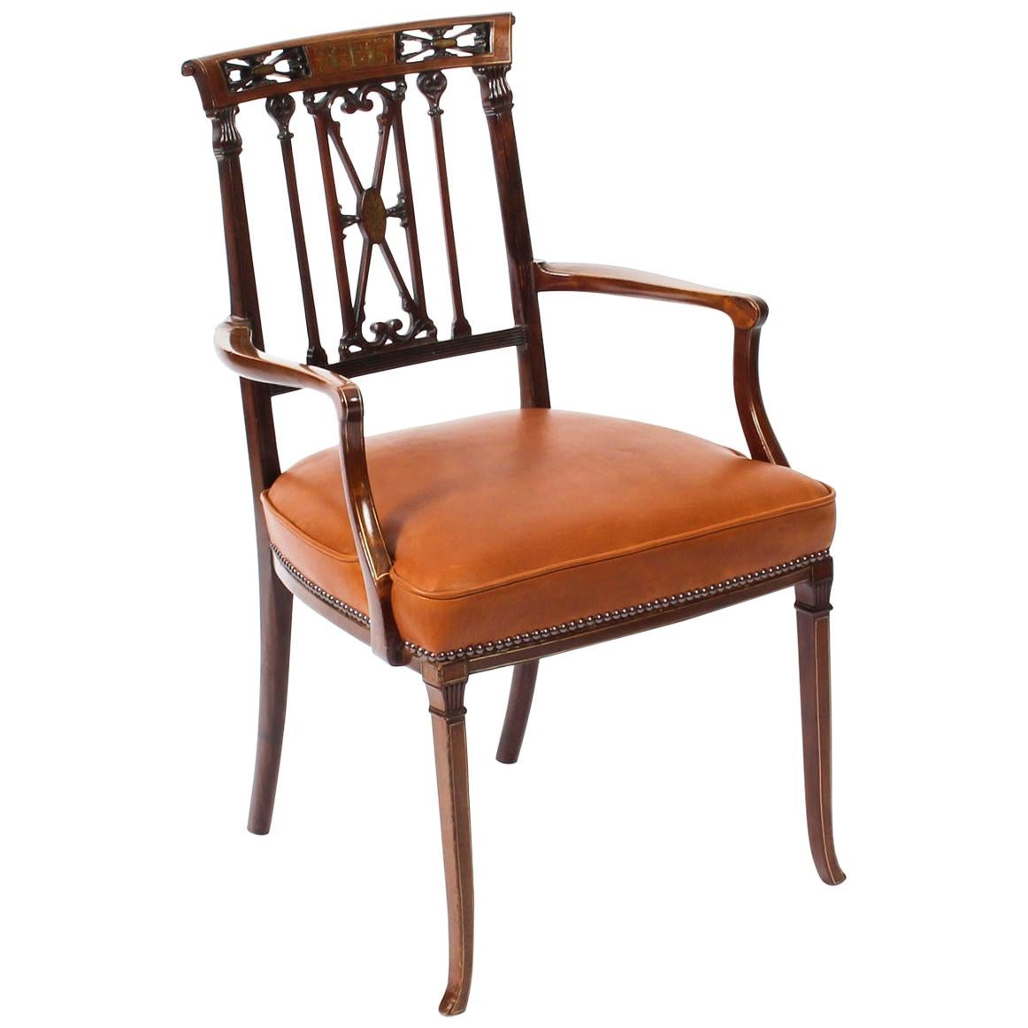 Antique Victorian Mahogany and Brass Inlaid Armchair, 19th Century