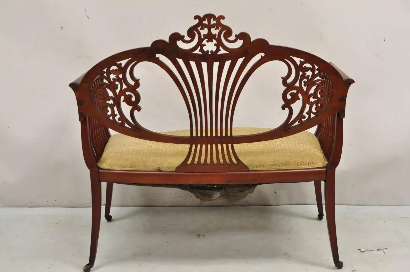 Antique Victorian Mahogany Carve Fretwork Sofa Parlor Bench Settee Loveseat 5
